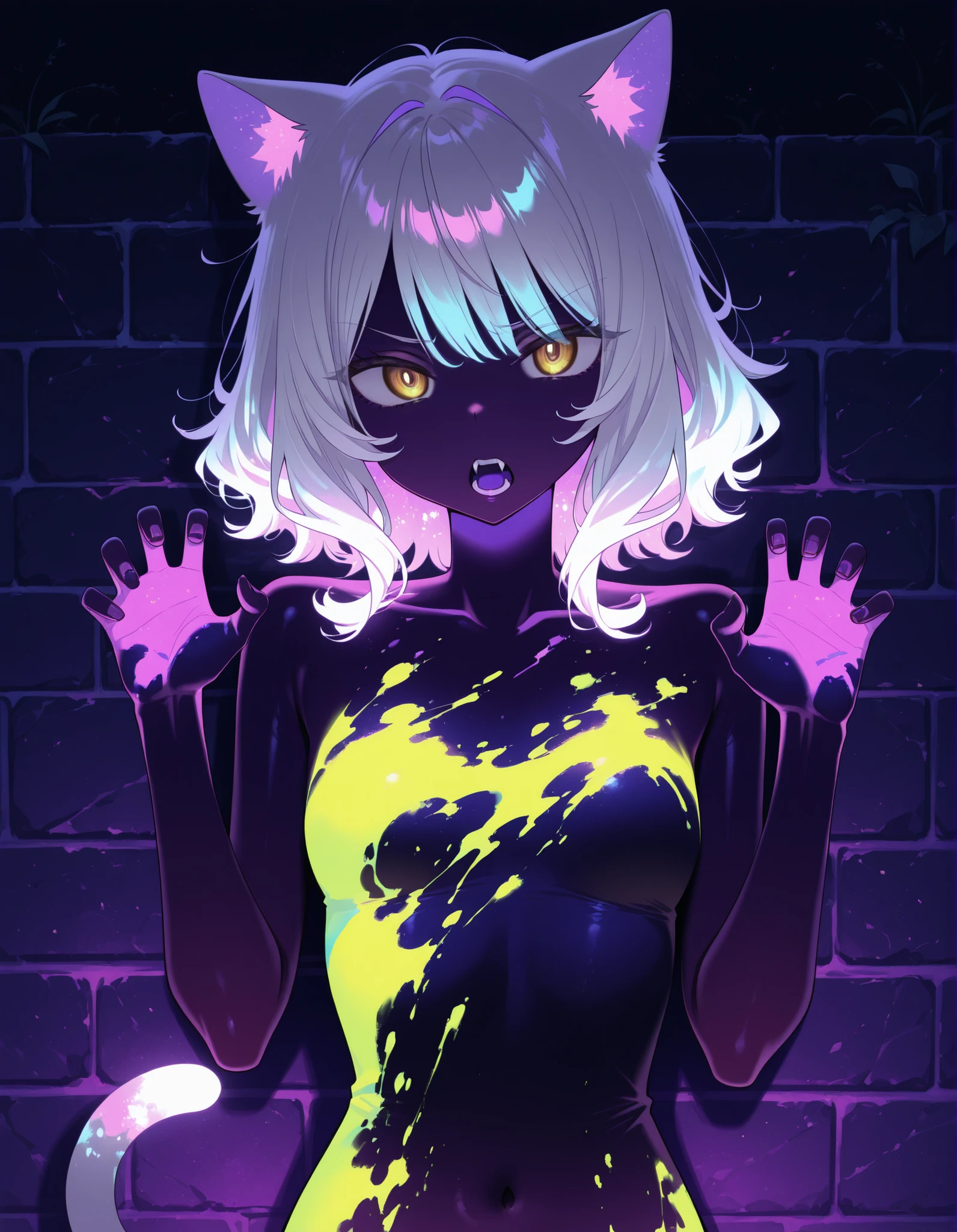 ultraviolet light, black background, glowing, glowing hair, glowing eyes, bodypaint, multicolored paint,, 1girl, petite, (skinny and frail:0.7), cat girl, against wall, stone wall, brown eyes,looking at viewer, grey hair, medium hair, messy hair, angry, (scared:0.4), (open mouth:0.5), fangs, hands up, (tearing up:0.5), tail raised, torn clothes, straight-on, dark, night, outdoors, masterpiece,best quality, amazing quality,