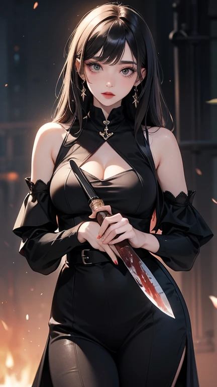 a asian girl, vampiric vibes, beautiful background, high detail face, smiling, beautiful face, high detail, realism, super realism, high quality, realistic portrait, highly detailed, digital painting, artstation, concept art, smooth, sharp focus, illustration, cinematic lighting, (flat chested:1.7), angry mad, bloodied, holding a sword
