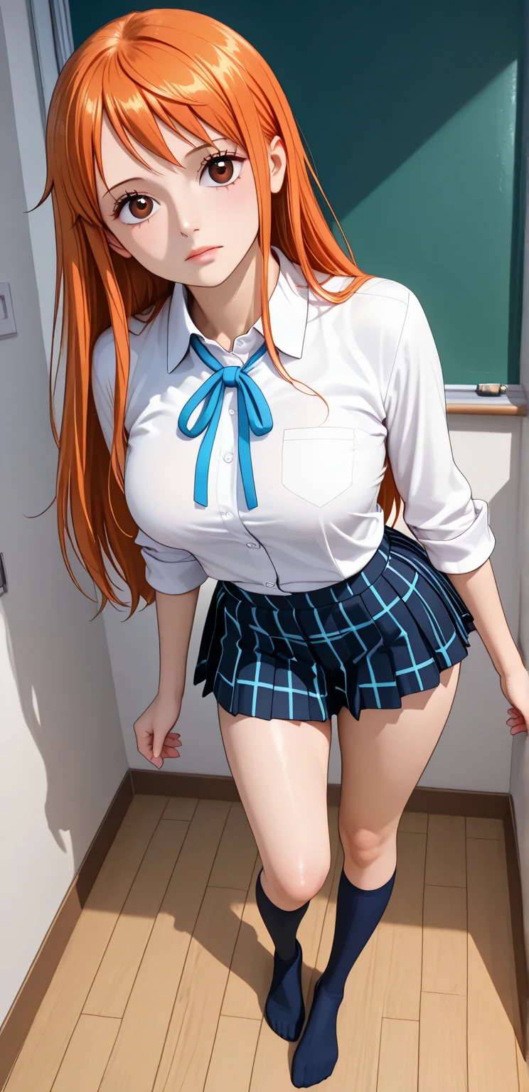 8k,masterpiece, bset quality,big, (1 girl), Kim Possible, green_eyes, orange hair, long hair, professional lighting, (shiny skin: 1.2), shiny big, ((best quality)), sharp focus: 1.2, highly detailed face and skin texture, detailed eyes, perfect face, perfect body, blur art, cg, background, Big breasts, presence (20yo, mature cool and beautiful face), wearing ((blue skirt), white taut shirt, thigh), blush, (mittgal), random pose, top view, perfect eye, angry face