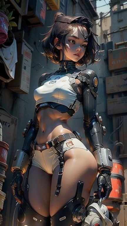 Woman body defined thick thighs cybernetic body parts, short underwear