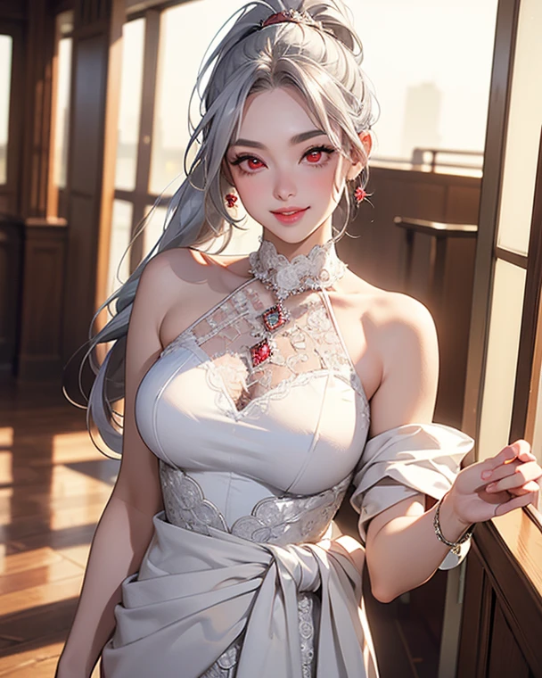 (Highest quality, masterpiece:1.2), (High resolution, 最高masterpiece).(difficult).Very detailed, Realistic:1.37, Fantasy, An illustration,Gray Hair、 ((Red eyes)).Queen, White and blue dress、beautifully、Eyeshadow Red、Thick eyebrows、Long eyelashes、pupils are black、shiny on the lips、Top Sites、Queen、Princess、A kind smile、Show your teeth a little and smile、Soft impression、people々々々々々々々々Loved by、(Slimming the face).Shoulder Bare、ponytail、Kissing Face、Long white hair、Shaggy Bangs、(Save face image).((Red lace dress))、((look up)).