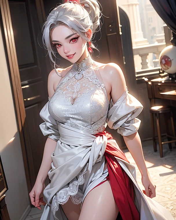 Dark ambiance,Mid century london inthe background、white wolf、 ((highest quality、masterpiece、8k、best image quality、ultra high resolution、Award-winning work)、(accurate anatomy:1.1)、(look at me and smile:1.1)、Shining fair skin with ultra high resolution、most detailed face、ultra high resolution detailed face、white short hair flowing 、Beautiful face drawn in every detail、(blurred background:1.1)、traditional Georgia man costume, tiny breast, real wolf beside the girl 