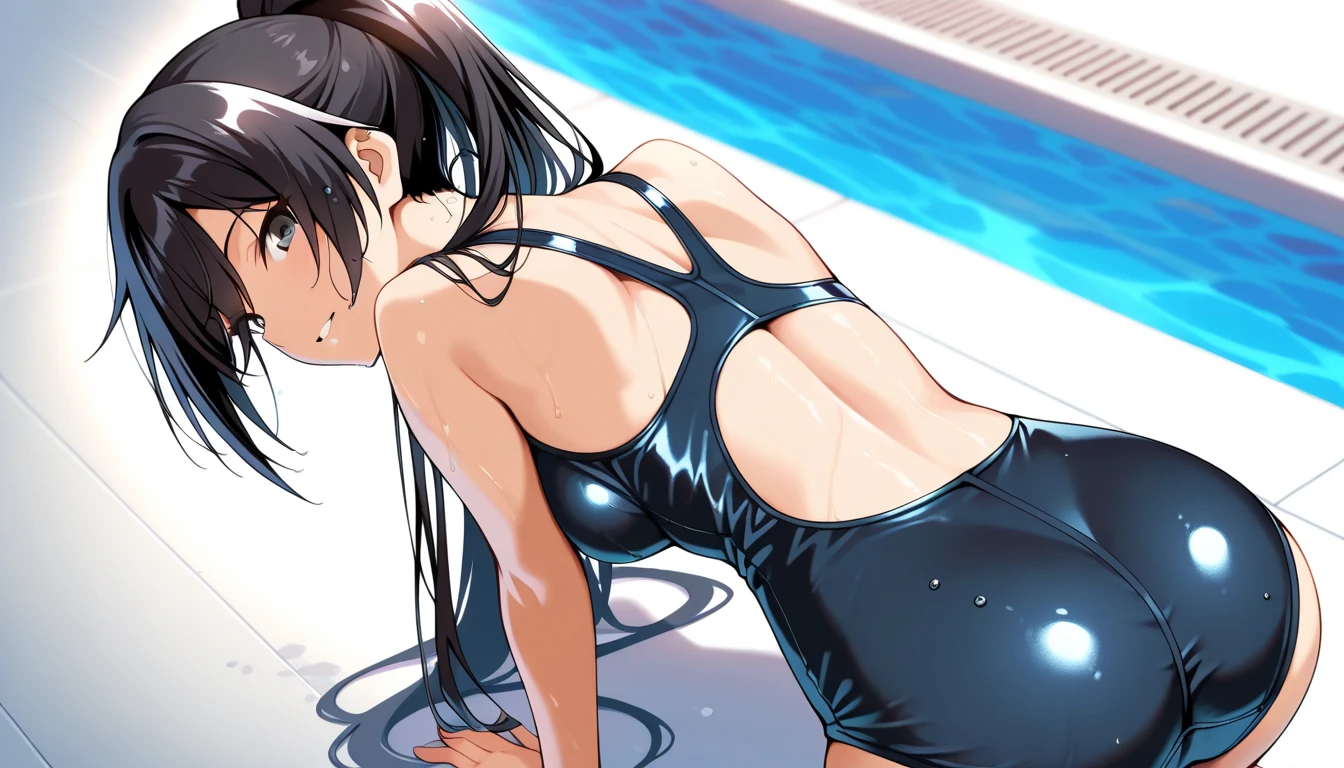 (teethだか)、Browsing Caution(From the back:1.5),((1 male and 1 female,throw,Have sex:1.5)),dorsal position,(((Perfect Anatomy,Realistic:1.3,Raw photo:1.3,masterpiece、Highest quality、Ultra - High resolution、High resolution、Extremely detailed CG、8K))),Cowboy Shot,1 female,alone,18-year-old、High school girl swordsman、18-year-oldの美少女,Japanese,((Beautiful and exquisite face and eyes:1.3,Big beautiful eyes:1.5,Grey Eyes,Are crying)),Black Hair,Long Bob Hair,(Center parted hair,amount),(Medium chest,Slender body,Small Head:1.3,skinny),((Oily skin)),(Glowing Skin,Shiny skin),((Bukkake:1.7)),vagina,teeth,Anal,barefoot、barefoot),(Sweat:1.7),On all fours,Spread your legs:1.5,Pool、Outdoor、