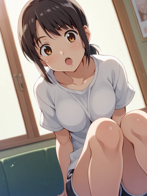 woman, Sportswear、Short Hair、Spread your legs wide、From below、Fly Hearts、Sweaty、Embarrassing、cowgirl position、woman on top、Sex、Creampie、Uterus, sperm and egg、Breast milk spurting out、Small breasts