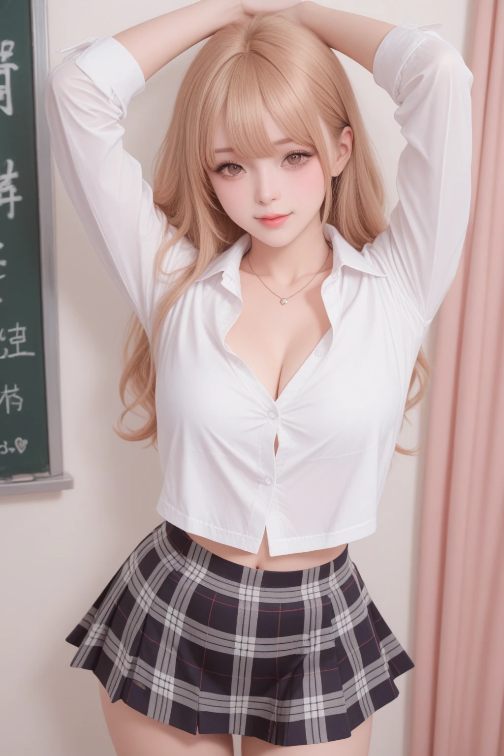 masterpiece, highest quality, 8k, disorganized person, (School Uniform:1.1)、White shirt, Tartan check micro mini skirt、bow tie 、、Cute girl, Cute face, Looking at the audience, smile, Ultra-realistic, High resolution, picture, The focus was clear, High resolution,  Dynamic Lighting, Cinema Lighting, Professional Shadow, , Best details, Very detailedな, Very detailed, Finely detailed, Real Skin, Delicate facial features, Detailed face and eyes, Sharp pupils、Realistic students、Browsing Caution、8k,highest quality, masterpiece, Very detailed, 超High resolution, Realistic, RAW Photos, , Absolute Resolution, Complete limbs、Complete Anatomy、Perfect beautiful skin、1 girl, 、 Big Tits、Accentuate your thighs、(Lolita Girl)、、(blonde:1.1)、、、pretty girl、 , Realistic young gravure idol, Japanese Girls、、alone、From above
