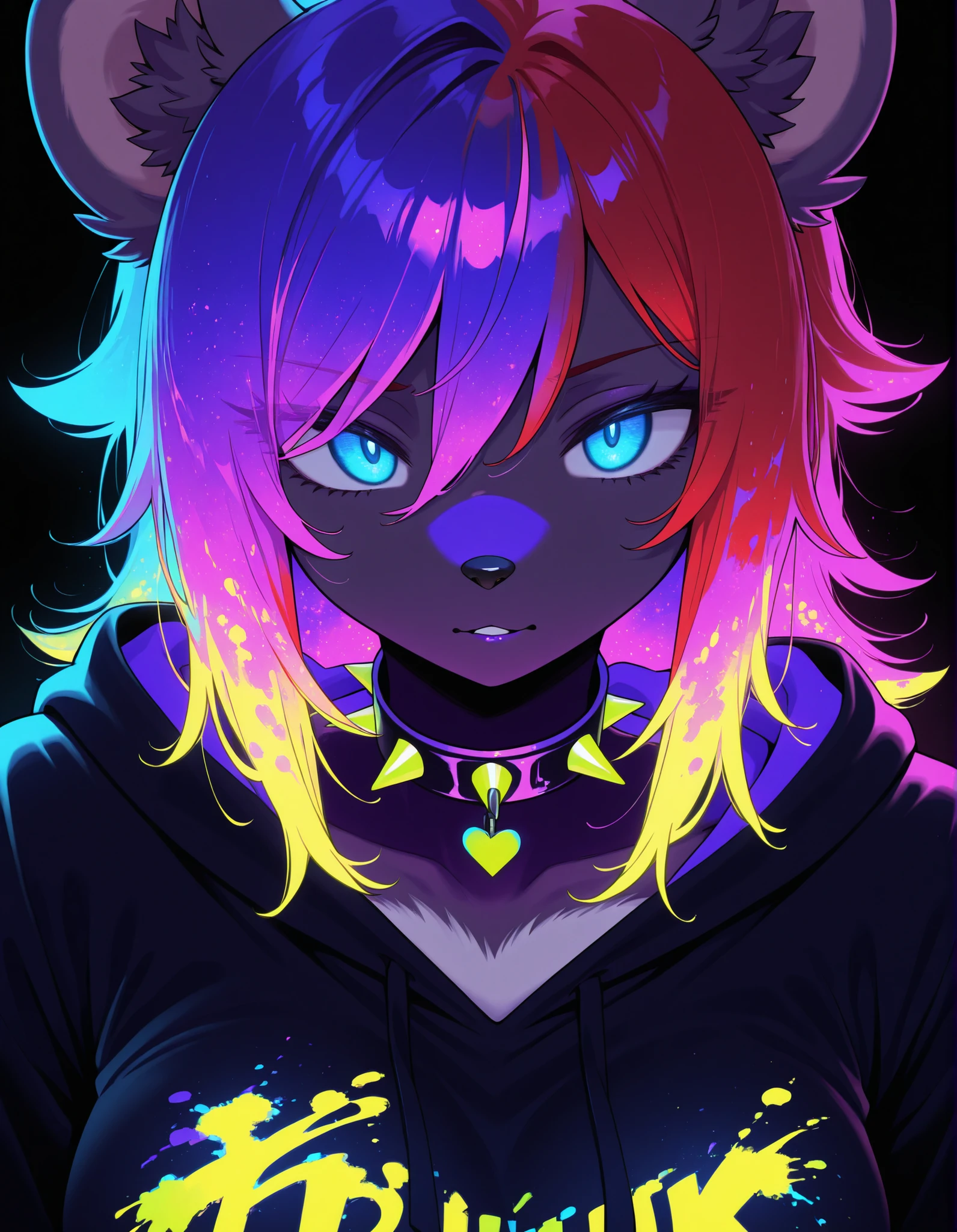 ultraviolet light, black background, glowing, glowing hair, glowing eyes, bodypaint, multicolored paint,, 1girl, solo, anthro hyena, furry, furry female, blue eyes, punk, grey fur, black hoodie, breast, spike collar, red hair,