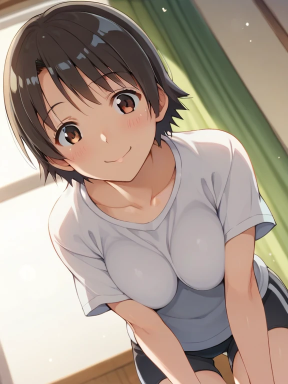 ayumiyoshida, , blue eyes, short hair, brown hair, bangs, hairband, , smile, ,,,indoor,(short dress),small breasts,,,miniskirt,nipple