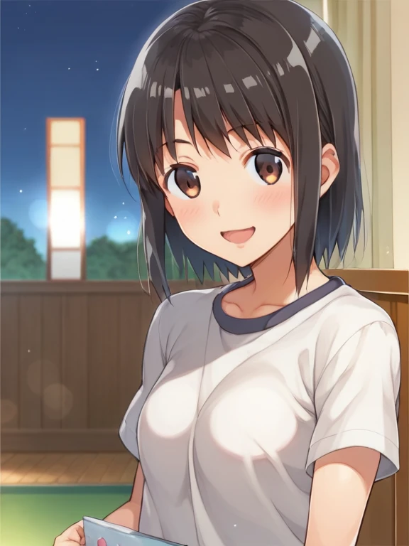 [anime styled],[official art],Tomomi_saikyou,black hair,Short hair,Hair Ribbon,NSFW,1girl in,(Portrait),close up,short torso,Perfect Lighting,nude,topless,(nipples),,anime screen cap,Flat color,cel shading,(seductive smile),blush,(underwear:1.2), (strong light)、((brighten the subject)),oily skin,curby:1.2,((lite white panties)),(long tongue)   break background classroom,