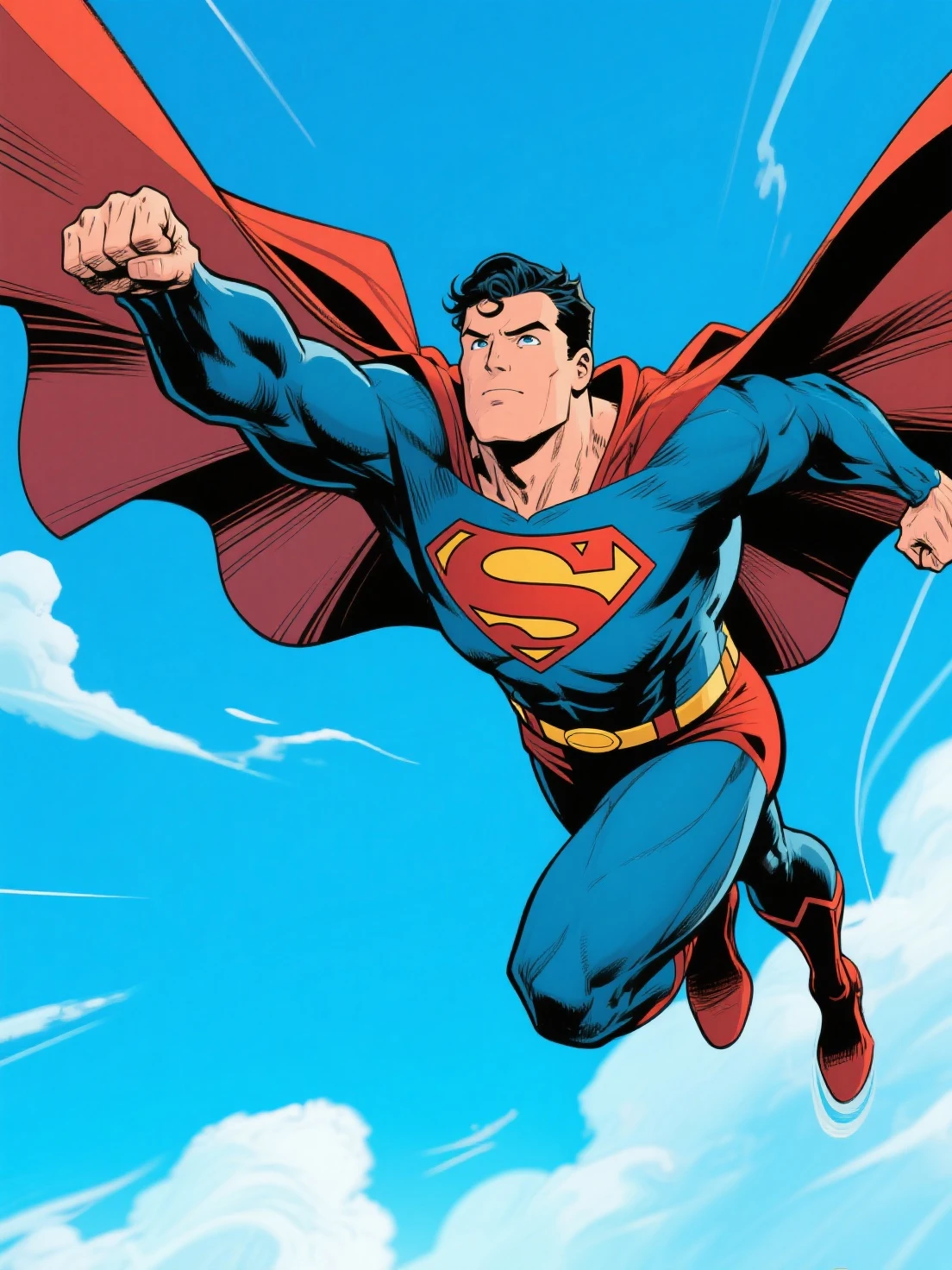 1girl,classic superhero,comic book art style,superman,muscular male,strong jawline,piercing blue eyes,short black hair,red cape,blue and red costume,flying pose,sky background,dramatic lighting,cinematic composition,detailed facial features,highly detailed,4k,8k,photorealistic,vibrant colors,dynamic action pose
