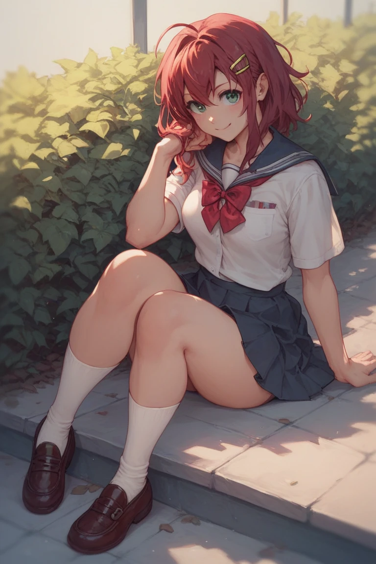 ((((masterpiece)))), expensive quality, very_expensive_solve, big_file size, Full Color, Thick outline, Clear contours, colorful, (Beautiful fine details), (Beautiful Face:1.3), Boyish face, 1 girl, (Ranma), (Redhead), short hair, (Braided Ponytail), ((bangs)), bumpy bangs, Blue-gray eyes, Big Breasts, Curvy, Black Wristband, For summer , Sailor suit , Pleats_skirt , Pink striped panties , socks , sneakers ,