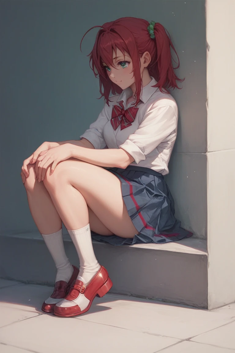 Beautiful red-haired woman with long, straight hair falling under her shoulder, wearing high school clothes, blouse with red tie and red mini skirt, black socks that go up to the knees and All Star sneakers, with angel wings, red makeup around the eyes making a drawing on the face, purple eyes,  red lipstick, a mole on the left side of the mouth, perfect face, expression of shame, cute expression, perfect body, round chest, big ass, thick thighs, whole body, detailed scenery, detailed photo, masterpiece, 8k, raw photo, perfect lighting