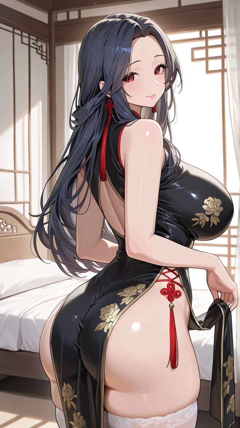 High quality illustrations。A seductive adult woman。With defined eyeliner。Her skin is flesh-colored、She has black hair。Her hairstyle is twin tails with vertical roll curls on each side.。Red eyes。She is wearing a black cheongsam。Have big breasts、She has good style、Blushing and looking happy。Crouching and standing on tiptoes with legs apart (open leg; 1.2), (nude pussy; 1.5)。Holding a used condom in one hand.。It has a slit in the chest area.。The front is hidden like a curtain。,(full Blush:1.5)
