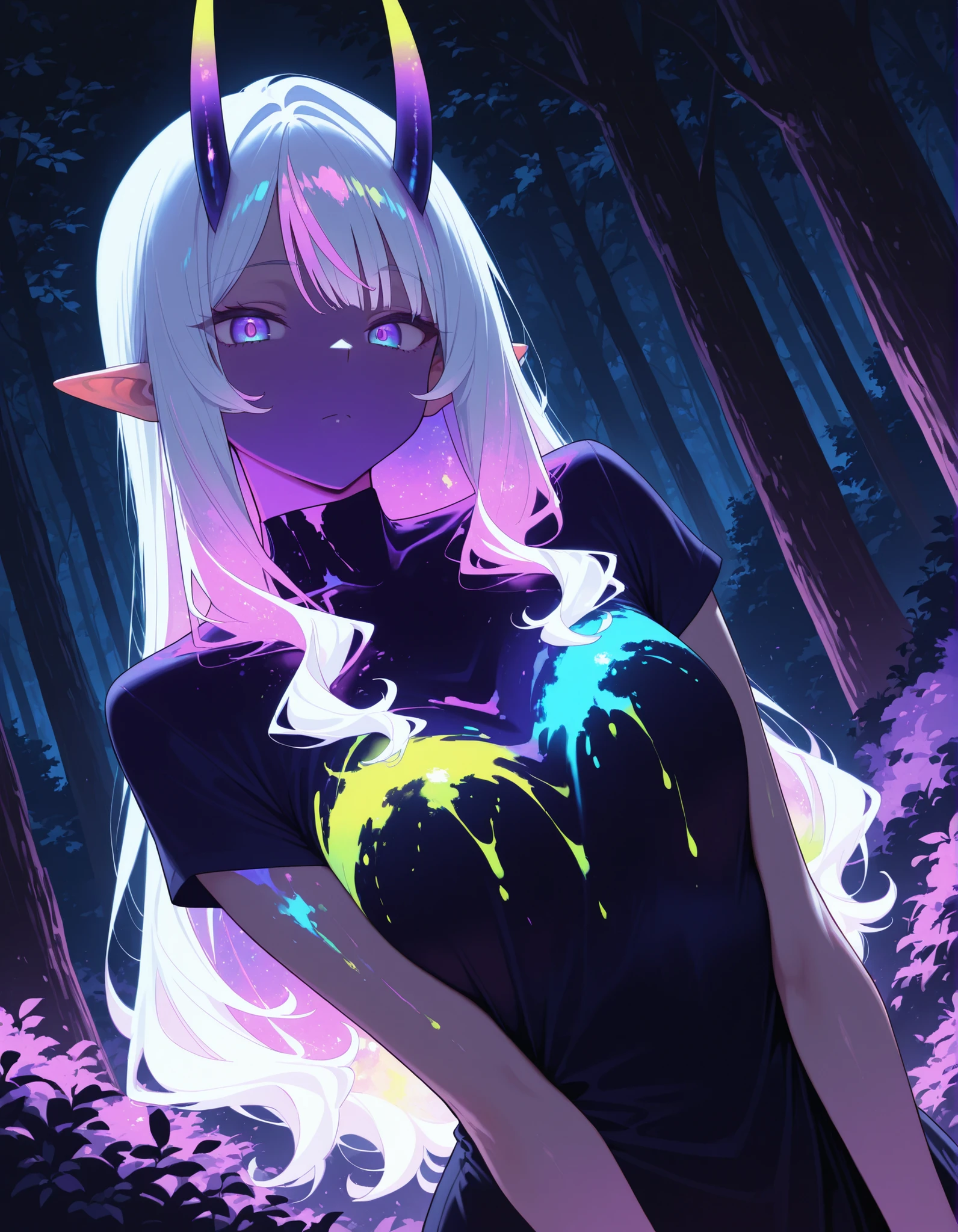 ultraviolet light, black background, glowing, glowing hair, glowing eyes, bodypaint, multicolored paint,, masterwork, masterpiece, highres, very aesthetic, absurdres, 8k, uhd, high detailed face, absolutly gorgeous, high detailed eyes, perfect eyes, dynamic light, dynamic angle, natural light, 1girl, solo, long hair, looking at viewer, closed mouth, white hair, short sleeves, outdoors, horns, pointy ears, day, blurry, tree, nature, forest, purple eyes, bush, masterpiece, best quality, amazing quality, masterwork, cinematic light, harsh shadows, light and shadows, perfect composition