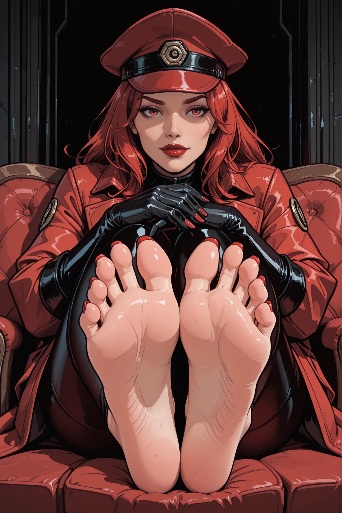 Black Widow (Marvel), shiny leather suit, showing off feet, bare feet, soles of feet, smirking,