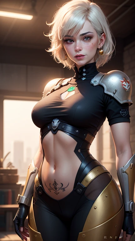 gwen tennyson,y'shtola rhul,tracer,yorha 2b,1girl,atelier ryza,overwatch,close up,mecha pilot,mountain valley,tattoos, red and orange plugsuit,white short sleeve silk top,light gray cargo pants, uncovered belly,short hair,cute makeup, green eyes,dimensional golden hair,shy smile,freckles,beautiful girl,large breasts, ultra detailed,realistic,fantasy art,saiyan armor,cyborg armor,steel armor,river road,military uniform,ear piercings,hair pin,super saiyan girl,saiyan female,