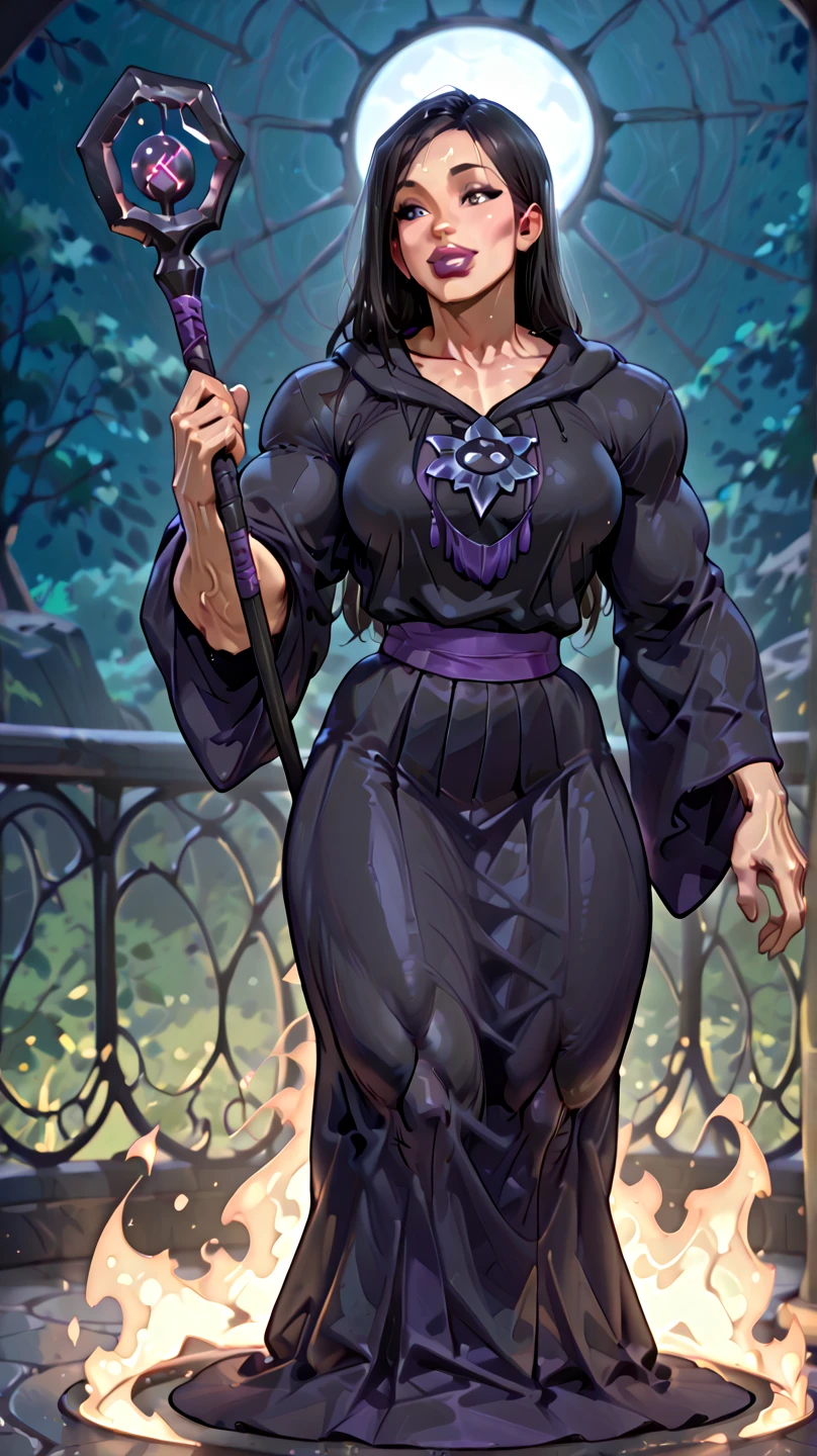 A powerful wizard, standing in a mystical forest. Their flowing robes adorned with symbols, arms outstretched, eyes sparkling with arcane energy. As their incantation escapes their lips, vibrant, swirling patterns of dark magic manifest in the air, pulsating with hues of reds and blues. Enchantment permeates, causing flowers to bloom, creatures to gaze in awe. Wisps of magic energy dance, revealing hidden realms, unlocking secrets. Capture the essence of this spellbinding moment, bringing the mystic power of the dark enchantment to life on the canvas with the highest quality and detail. Best quality, masterpiece, ultra high res, (photorealistic:1.4), raw photo, sharp focus, HDR, detailed skin, (((accurate anatomy))), (((Huge breasts))), ((long legs)), ((Female Bodybuilder)), ((((Muscular Legs)))), ((((Huge Muscles))))