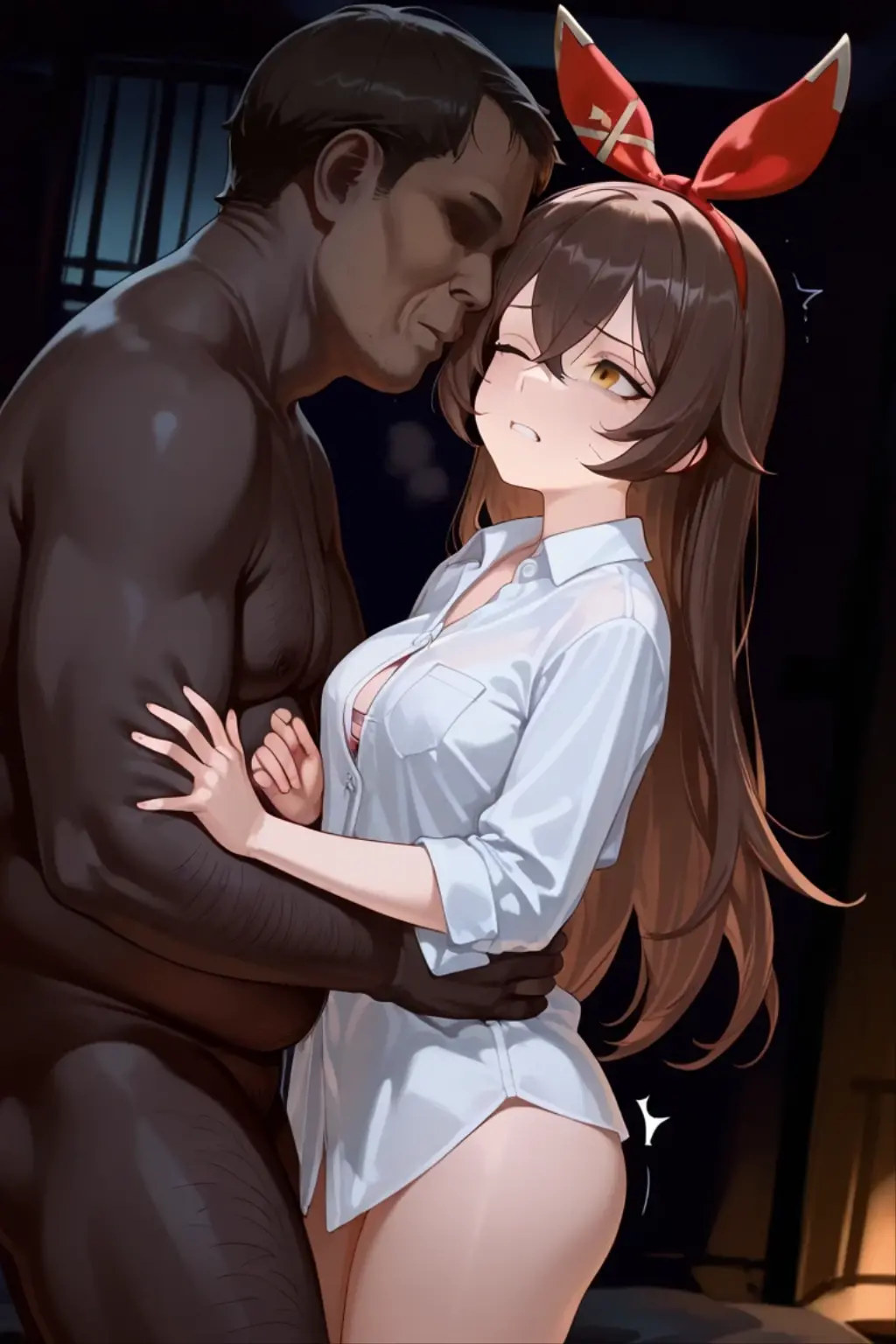 ((nude male:1.3)),{perfect anatomy},((beautiful face:1.5)),((Pregnant: 0.8)), ((1girl, 1black man, kiss, old, groping:1.7))),(Ahegao, blush, Sweat, Open mouth, Rolling eyes, Tears, Tongue out,)(Parted lips),(Closed eyes),(Feeling weak), best quality, (8k, best quality, masterpiece, ultra high res, , Super Detail), Ultra Detailed, Detailed Skin, (an extremely delicate and beautiful), BREKA,1 japanese beautiful airl, ShigureKaiSanKC, (sleeveless) shirt, (black and white) two-tone shirt, (black) pleated skirt, (black) thigh highs, (red) necktie, (white) belt, (black) fingerless gloves, (red) hand ribbon, hair over shoulder, hair ornament, hair between eyes, blue eyes,hair bow, long belt, BREAK perfect hands, detailed hands, best hands.