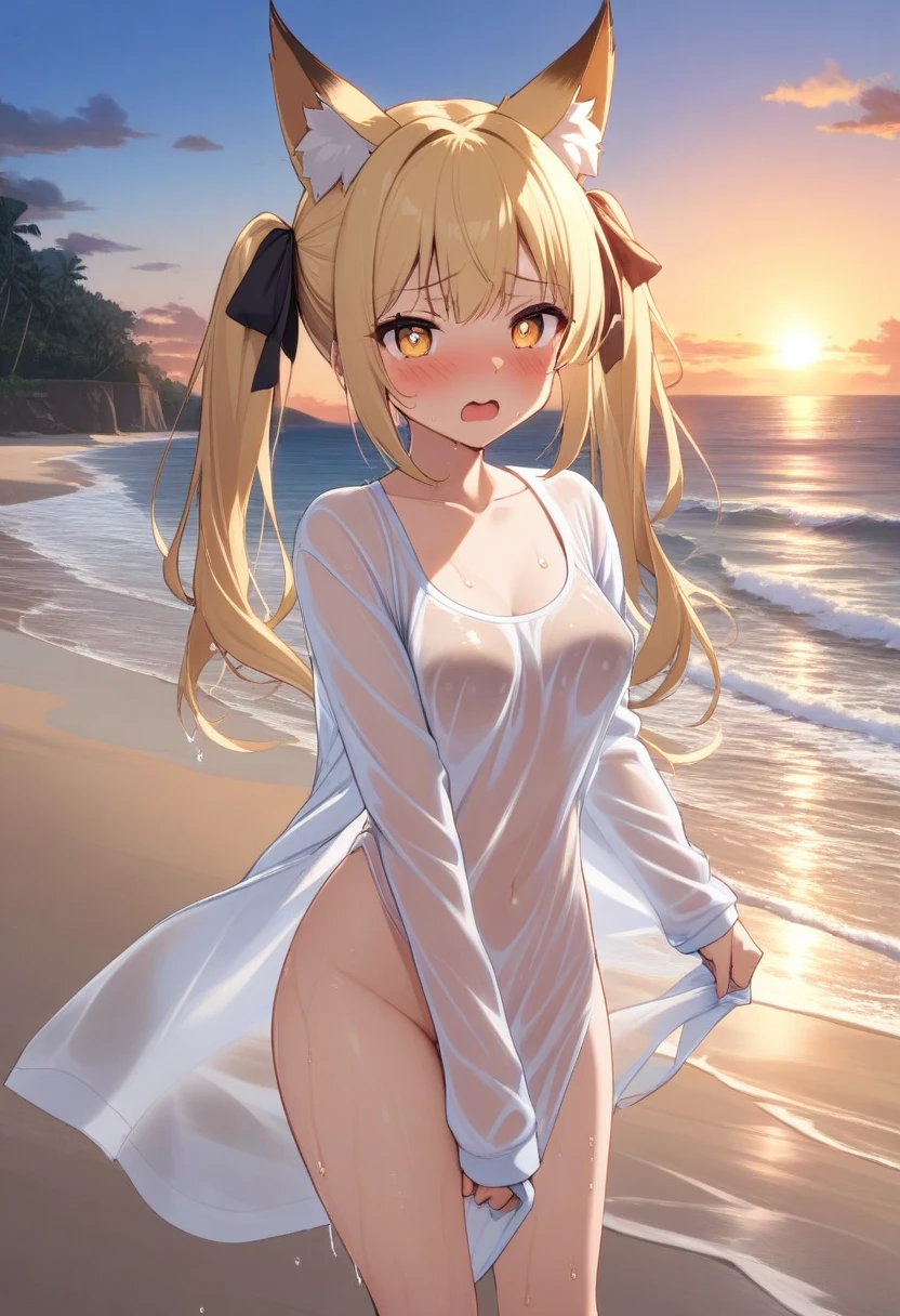 mahirushiina, Mahiru Shiina, Long Hair, bangs, Blonde, Brown Hair, (Yellow Eyes:1.3), smile,blush,Hair Bun, double Hair Bun,Hair Lock,Yellow string bikini swimsuit,barefoot,Water Play,Ocean,Sandy Beach,whole bodyがイラストに入るように,Wet Hair,Wet Skin,Wet swimsuit,
break outdoors, Beach,
break looking at viewer, whole body,(Cowboy Shot:1. 5)
break (masterpiece:1.2), Highest quality, High resolution, unity 8k wallpaper, (figure:0.8), (Beautiful attention to detail:1.6), Highly detailed face, Perfect lighting, Highly detailed CG, (Perfect hands, Perfect ???????),