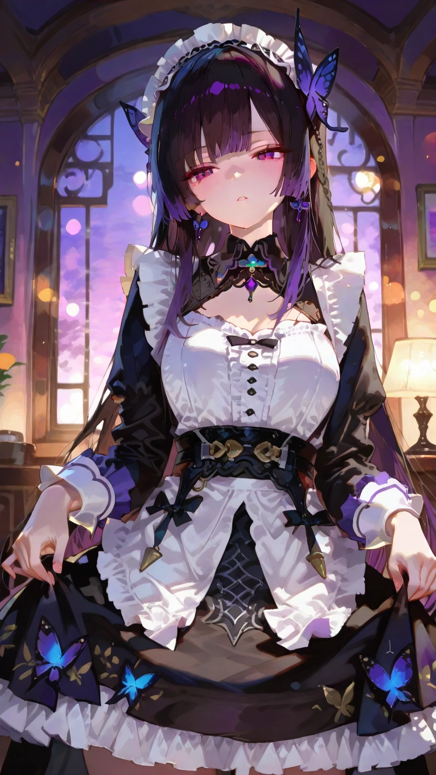 masterpiece,(highest quality, figure,Detailed face:1.3),(One girl,alone:1.3),Beautiful fine details, apron,Maid, Purple eyes,red 髪,Large breasts, enMaided, white_apron, black_dress, ponytail, black_footwear, frills_apron, dress, Maid