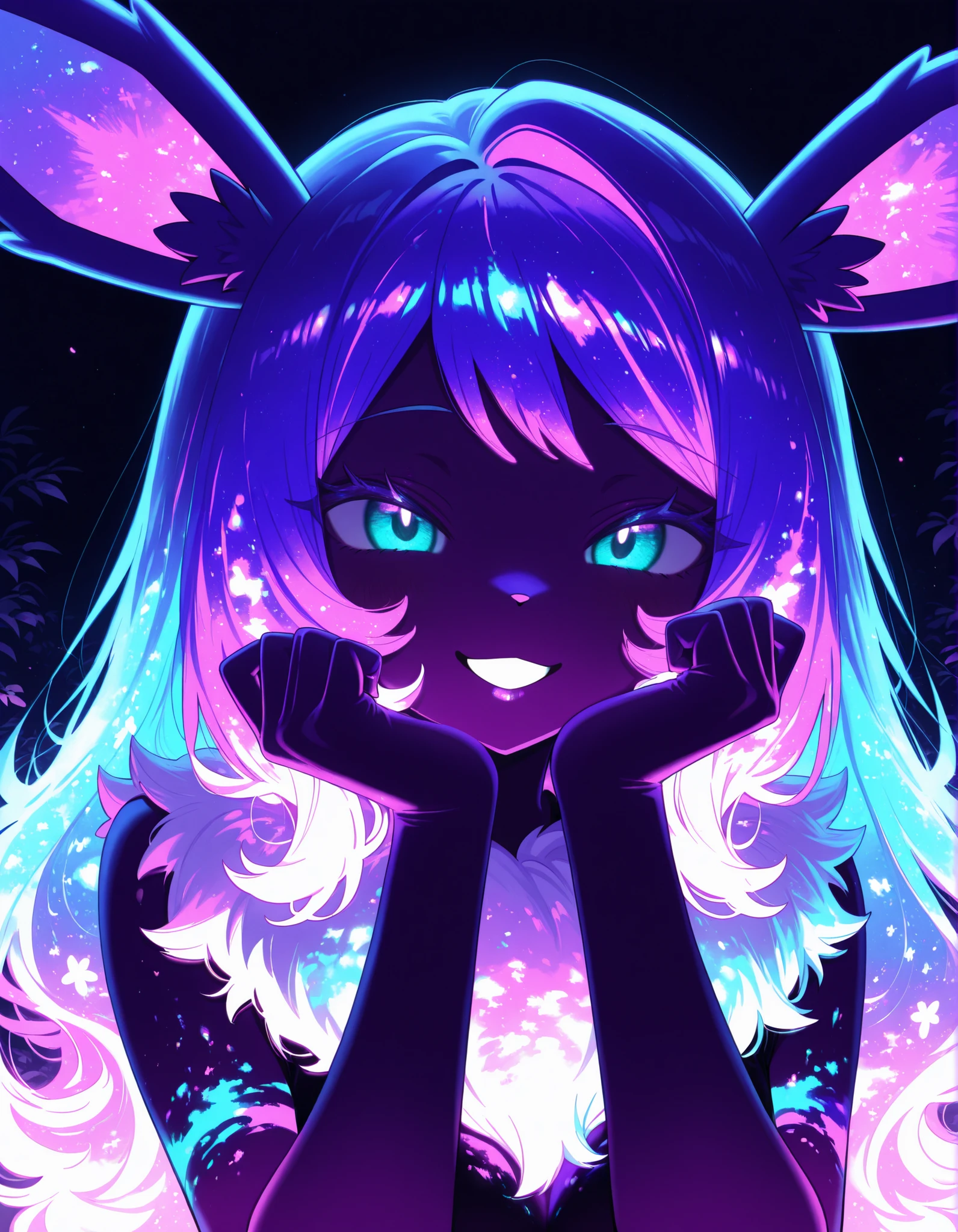 ultraviolet light, black background, glowing, glowing hair, glowing eyes, bodypaint, multicolored paint,, pokekid, eevee, fluffy girl, furry girl, female, smile, smiling, has a big pretty bow in her hair, has animal paws for hands, 1girl, best quality, outdoors, high definition, cute,