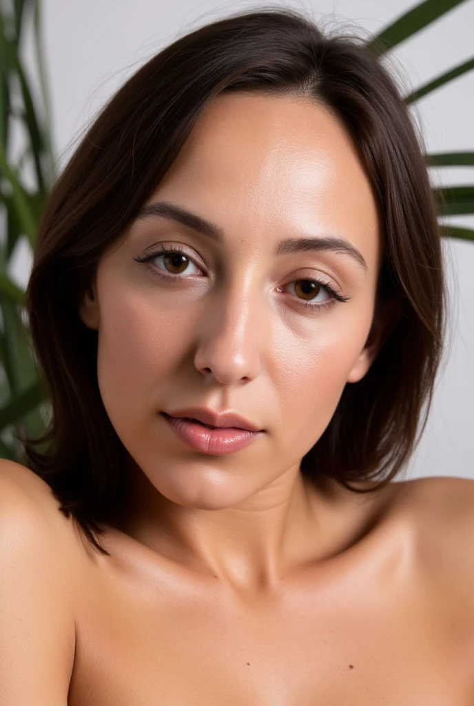 (Skin texture, pores, blemishes), Super high res portrait photo of a woman wearing no makeup, wearing nothing,f /2.8, Canon, 85mm,cinematic, high quality, skin texture, looking at the camera, skin imperfections,  