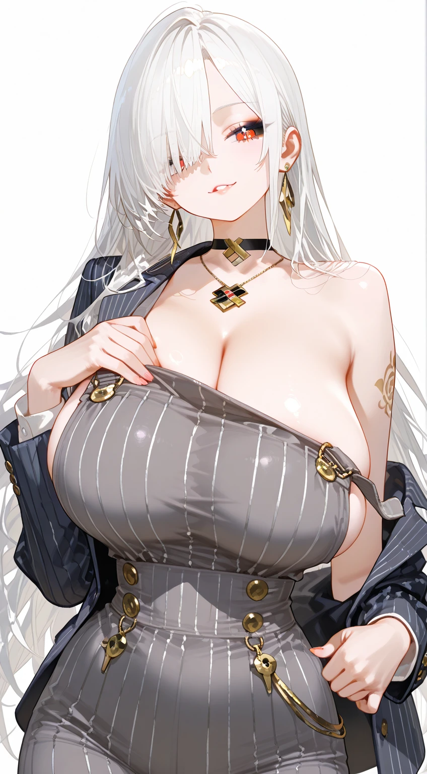 (highest resolution, distinct_image) Best quality, a female's masterpiece, highly detailed, semi realistic,(most of body),silver long hair, bangs, 18 years old,(huge breasts:1.6), young,black fitting,Pinkish-purple flight suit,Stand collar shirt,Sharp Face,(brown Eyes, Hair Between Eyeluorescent Long Coat (Broken Glass),(plain white background),cold, serious,authoritative,powerful,(Standing Painting),(exquisite facial features, exquisite facial features)