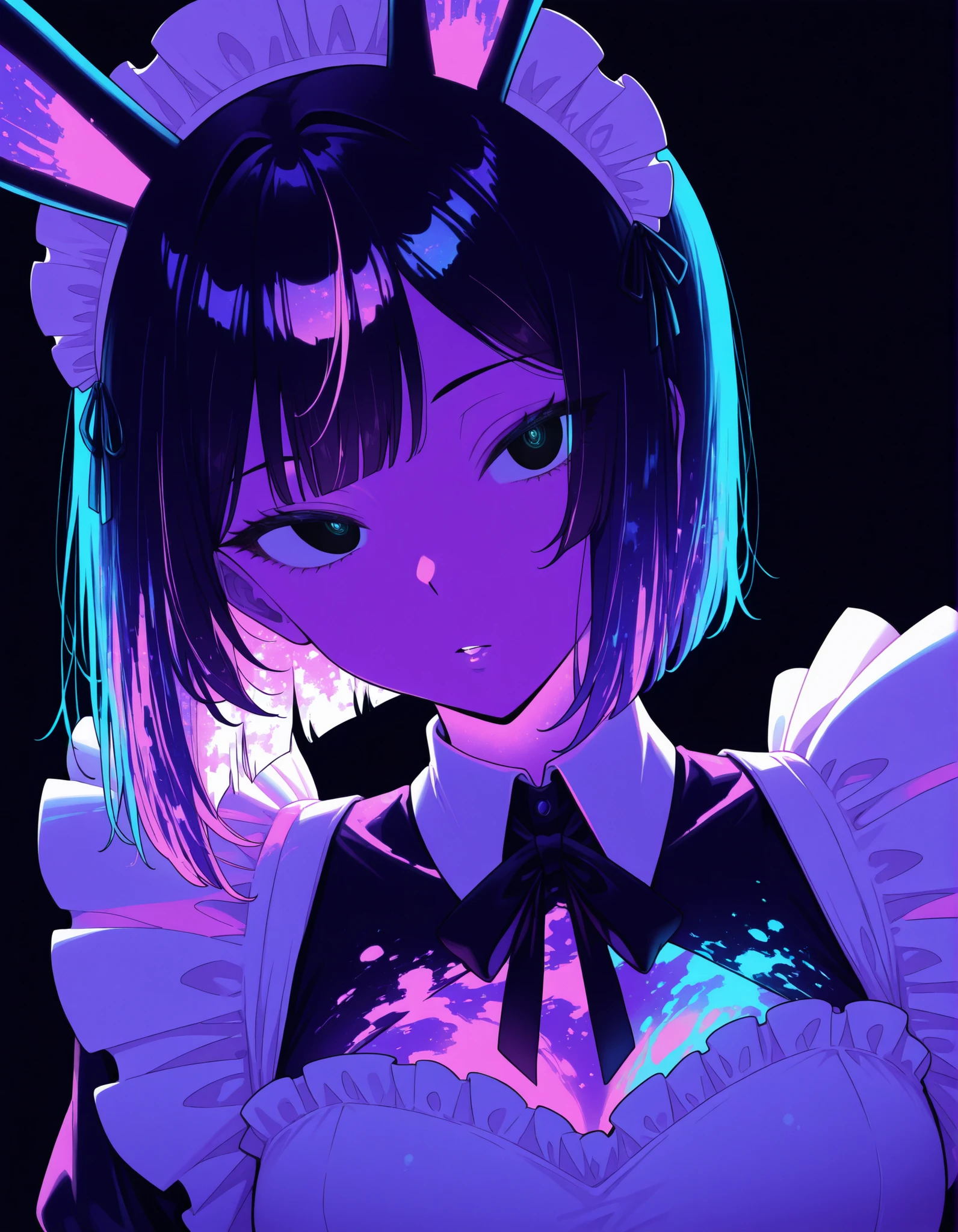 ultraviolet light, black background, glowing, glowing hair, glowing eyes, bodypaint, multicolored paint,, one woman、solo, Maya Hell,black eyes,dark hair,bob cut,Maid Outfit、White Apron、White Headdress、 with rabbit ears、cafe