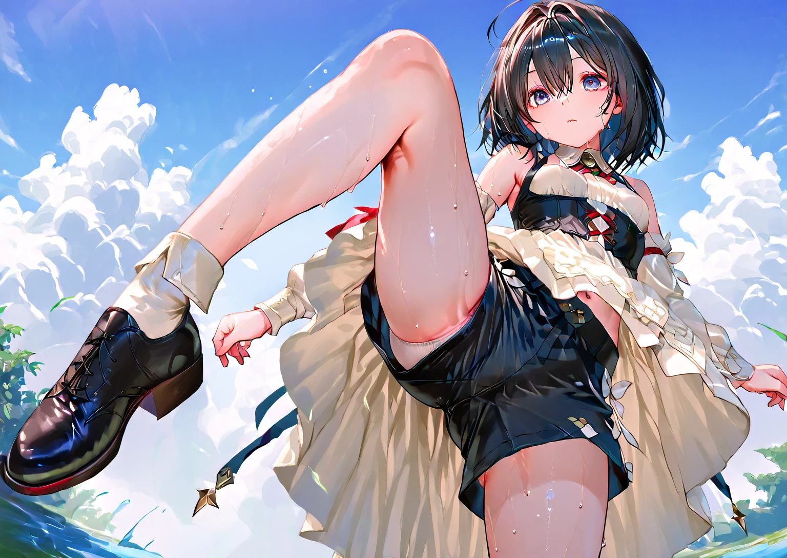 masterpiece, (realistic, photo realistic:1.2), ((highest quality), extremely fine and beautiful, beautiful face details, real human skin, realistic, photorealistic, 1girls, small girl, chibi, smile on face, cow-boy shot, (mahoushoujo:1.2), madoka outfit, Tiny breasts, emphasis A-cup, White shirt, White underwear, (wind, wind lift, Skirt lifted by the wind, skirt rolled up by the wind, Skirt flutters:1.5), (Fully exposed panties:1.5), (white panties:1.5), (standing a:1.7),