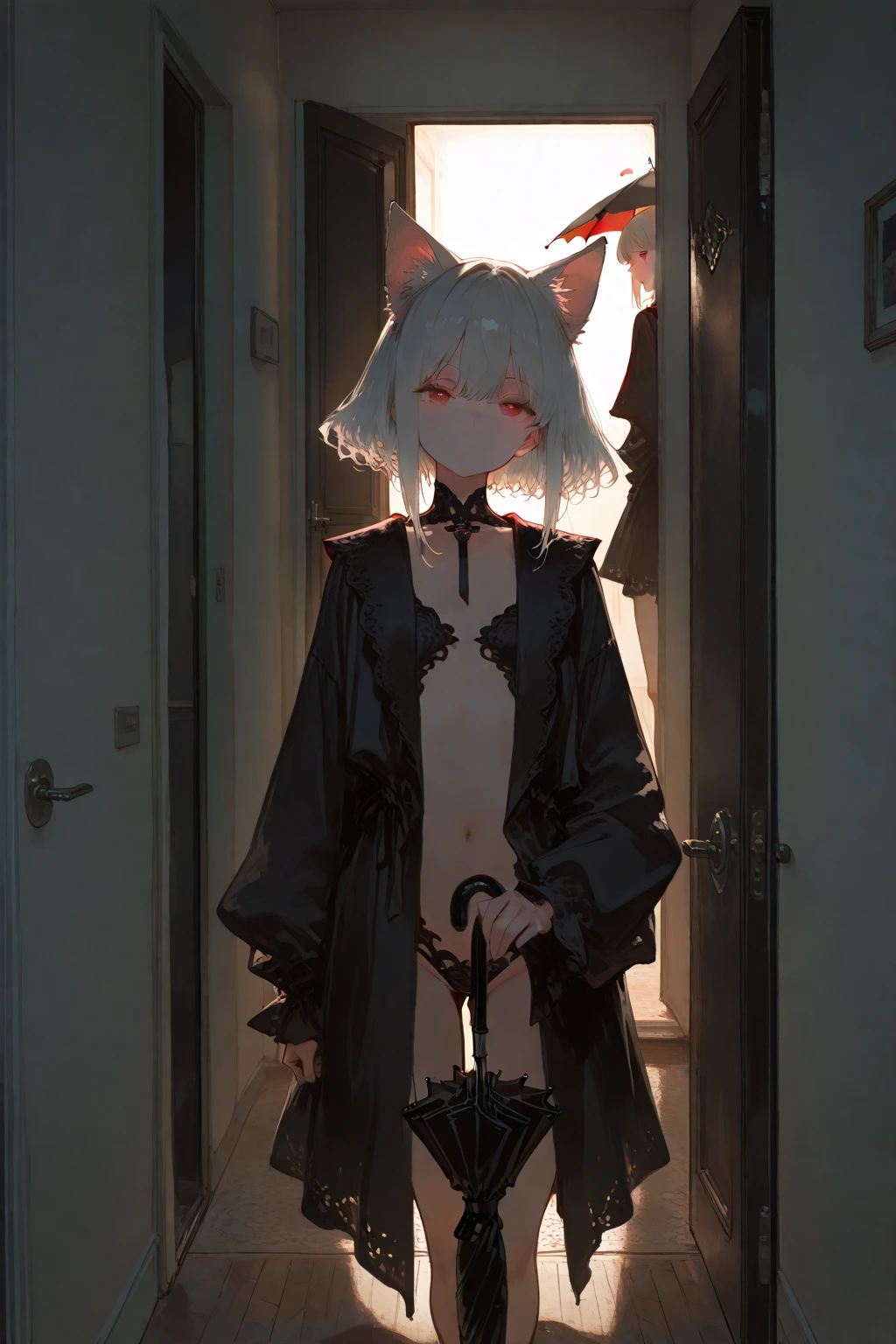 (((1 bat girl))), (((murcielago))), (((naked))), (((visible pussy))), ((exhibitionist)), (((NSFW))), ((in a public cafe)), carrying one leg, leather trench coat, (in an alley at night)