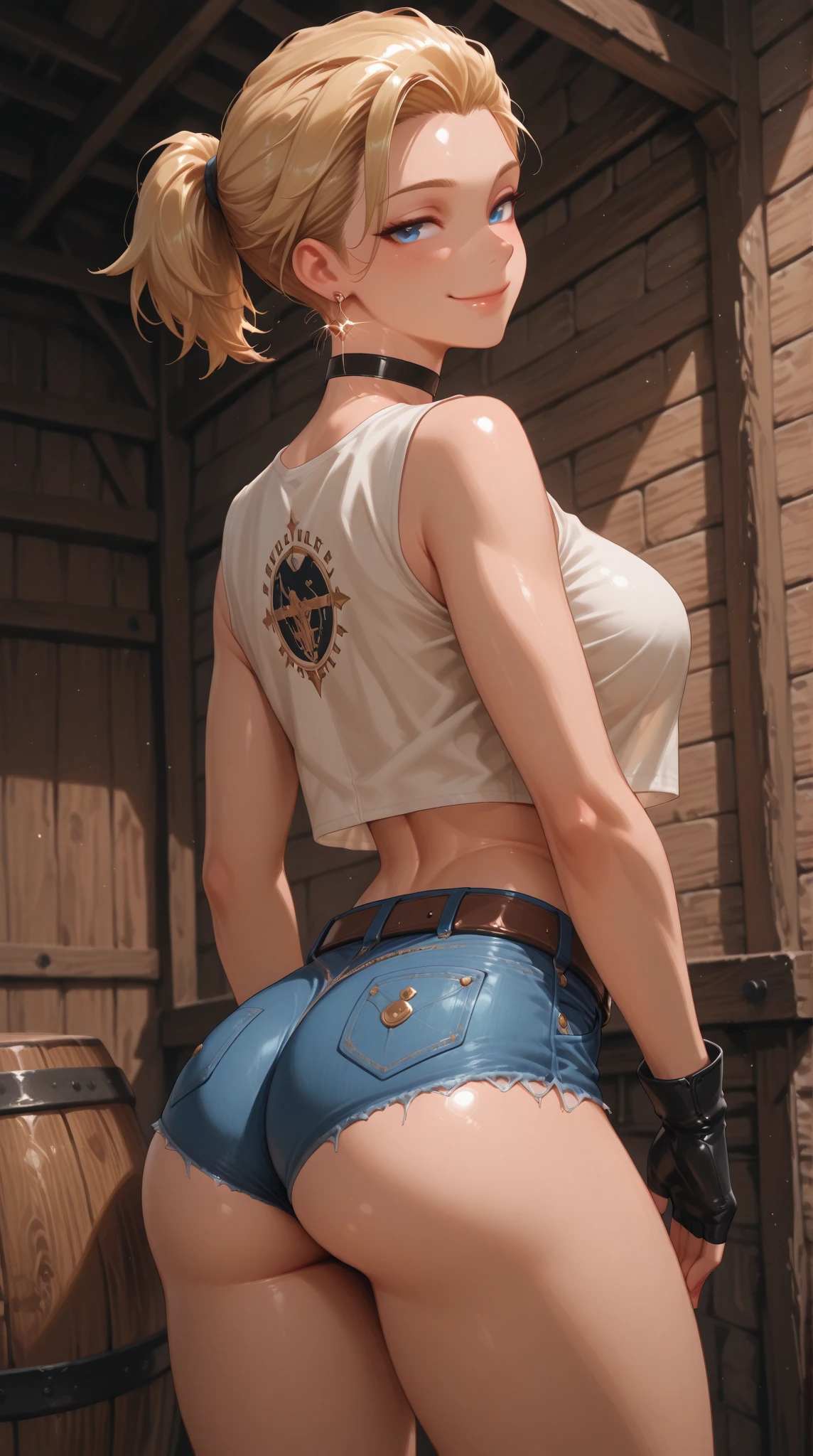 (masterpiece:1.5),(best quality:1.5),(high resolution:1.5),(8k:1.5),(perfect face:1.5),(beautiful detailed eyes:1.5),(Cowboy Shot:1.5) ,(extremely detailed face:1.5),(perfect lighting:1.5),(extremely detailed CG:1.5), (perfect hands:1.5),(perfect anatomy:1.5),,(perfect body:1.5),(perfect hands:1.5),(perfect fingers:1.5),(full body:1.5),,(1woman:1.3),(megami magazine:1.23),pale skin,(large breasts:1.2)(large ass:1.1),(hood t-shirt short:1.3),(Brown Leather open jacket:1.3),( Denim shorts:1.3) (blonde single bun hair:1.2),(blue eyes:1.2),(sexy look:1.35),(cameltoe:1.2),stand,(outside:1.3),(sweat:1.1),(fight pose:1.2),(Beautifully tied hair:1.3),(see through:1.3)