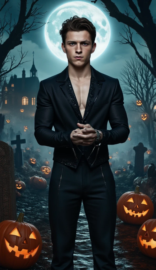An award winning photography portrait of a halloween ginger male, blood hair, web, surreal decorated skin, masculine, pumpkins in the background, castle, full body in motion, defined body, full body, stunning realistic, mist, raw photograph, defined body,maximalism, octane render, unreal, 8k, depth of field, bokeh, black ink, 8k, hyperreal, 50mm, kodak portra 400, photograph by Martin Schoeller, Natural Light, natural skin, real skin texture, feet fetish