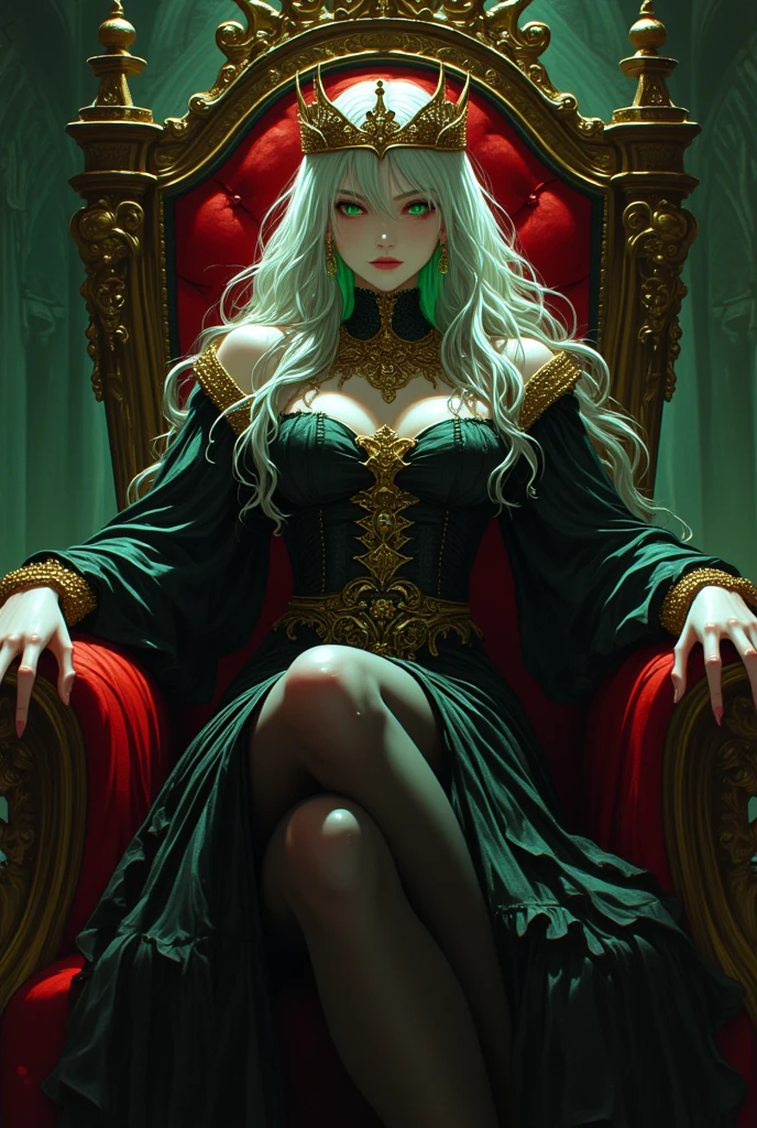 Tia is shown to have a fairly slender figure. She has white-grey hair , she has short hair and large pale green eyes, The girl sitting on a throne of bones and skulls looks like a queen from a dark world.  It could be that skulls symbolize danger and death, but it sits firmly and confidently as if it controls these forces rather than penetrating them.  Her skin is perhaps pale and pale in color, which enhances the cheerful and mysterious atmosphere of the picture.  There may be a mysterious sparkle in her eyes, adding to her mysterious appeal.  There may be a hint of sadness or depression in her face, showing a contrast between outward strength and inner weakness.
 The throne itself looks terrifying and spartan, made of crossed bones and scattered skulls.  There may be hordes of terrifying creatures, such as monsters and zombies, gathering around the throne, enhancing the feeling of fear, isolation and power at the same time.  The image creates a tension between beauty and horror, arousing curiosity and anxiety at the same time., cleavage exposed, big breasts, superior quality, many details, Puri focus  Sharp and realistic