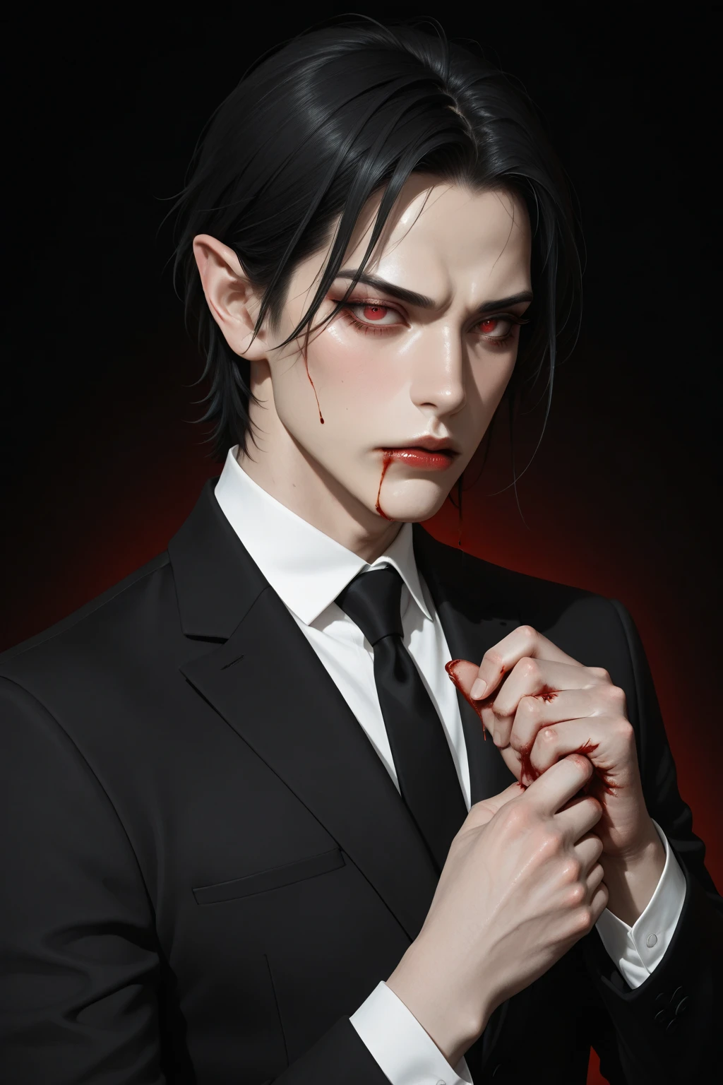 Young man, medium-length black hair slicked back, horns on head, demon, black schoolboy-style clothing, black eyes, red liquid, blood, smile, smirk, cross earring, piercing.