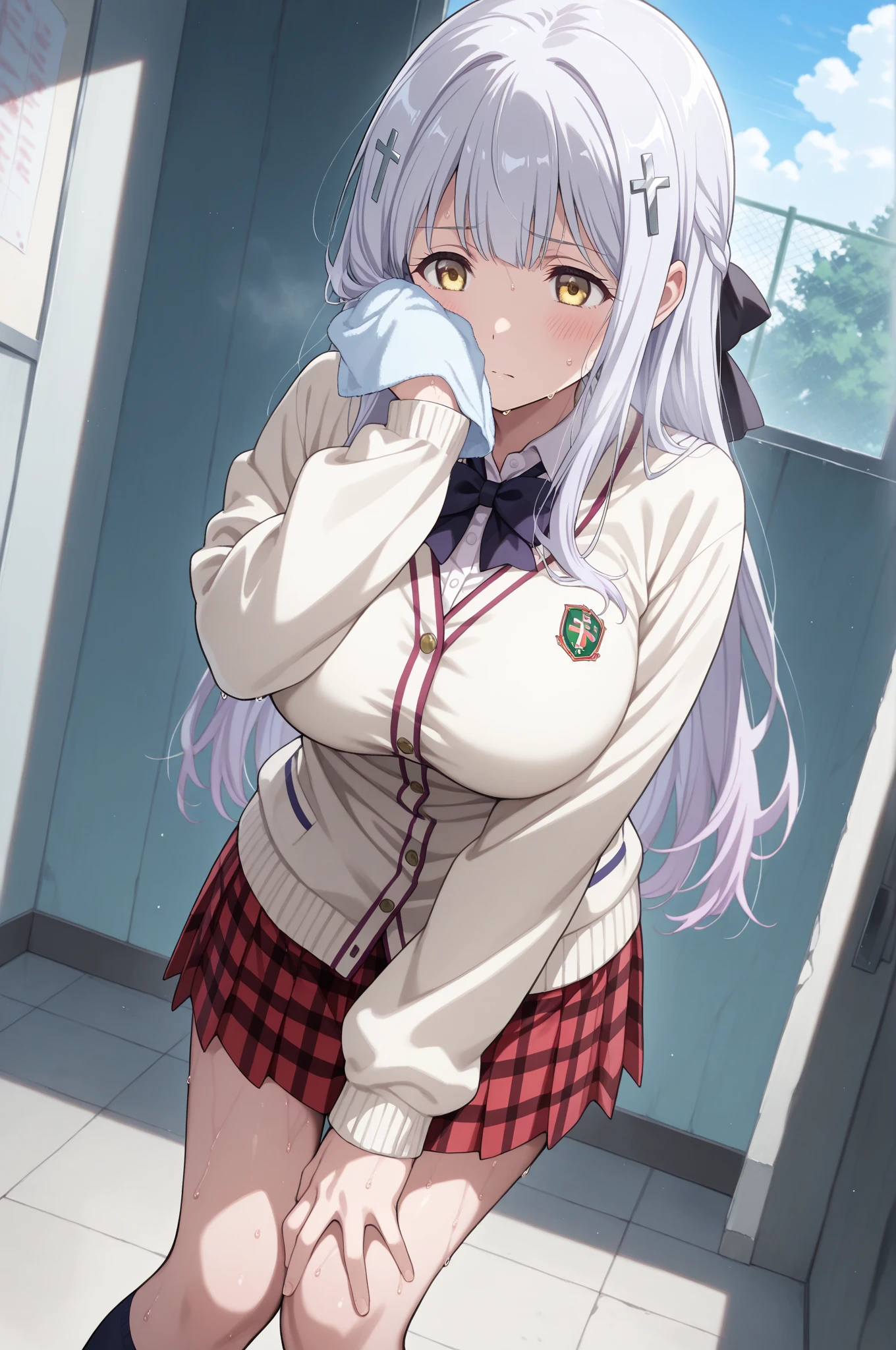 {{beautiful}}, amazing, (best quality:1.5), (masterpiece:1.5), extremely delicate and beautiful, intricate details, finely detailed, extremely detailed, beautifully detailed, ultra-detailed, (hyperdetailed:1.5), high resolution, (illustration), watercolor pencil, Clear line drawing, (ufotable style:1.1), (ufotable screen cap:1.1), anime coloring, anime screencap, (latest picture), backlighting, dynamic angle, glow, depth of field, {{body satisfaction}}, (body with a good balance of style:1.5), (slender figure:1.5), perfect body, perfect hands, perfect feet, (two arms:1.2), (two legs:1.2), (five fingers each:1.2), (perfect joint:1.2), perfect joint movement, beautiful detailed eyes, (detailed eyes:1.5), finely detailed eyes, perfect anatomy, full dissection, perfect composition, correct limbs, balance and coordination in all things, realistic:0.5, precise fingers and hands, (finely drawn hair:1.5), {{cool girl}}, (silver hair:1.3), (semi-long hair:1.3), (straight hair:1.3), bangs, (cyan eyes:1.3), (medium breasts:1.3), (small-sized buttocks:1.3), {{Bedroom}}, (bed:1.2), bed background, indoors, {{sailor suit}}, (sailor collar:1.5), (white long sleeved shirt:1.5), (dark gray pleated skirt:1.5), neckerchief, {{blush}}, shy, (sweat:1.5), (teary eyes:1.7), (ecstasy:1.5), gasping face, (ecstasy face), (white liquid drips between her legs and down her thighs:1.5), (spread one's legs:1.3), (solo:1.5), self-love, self fondle, 1girl, (cowgirl style), (kneeling:1.5), cowgirl position, standing on both knees,