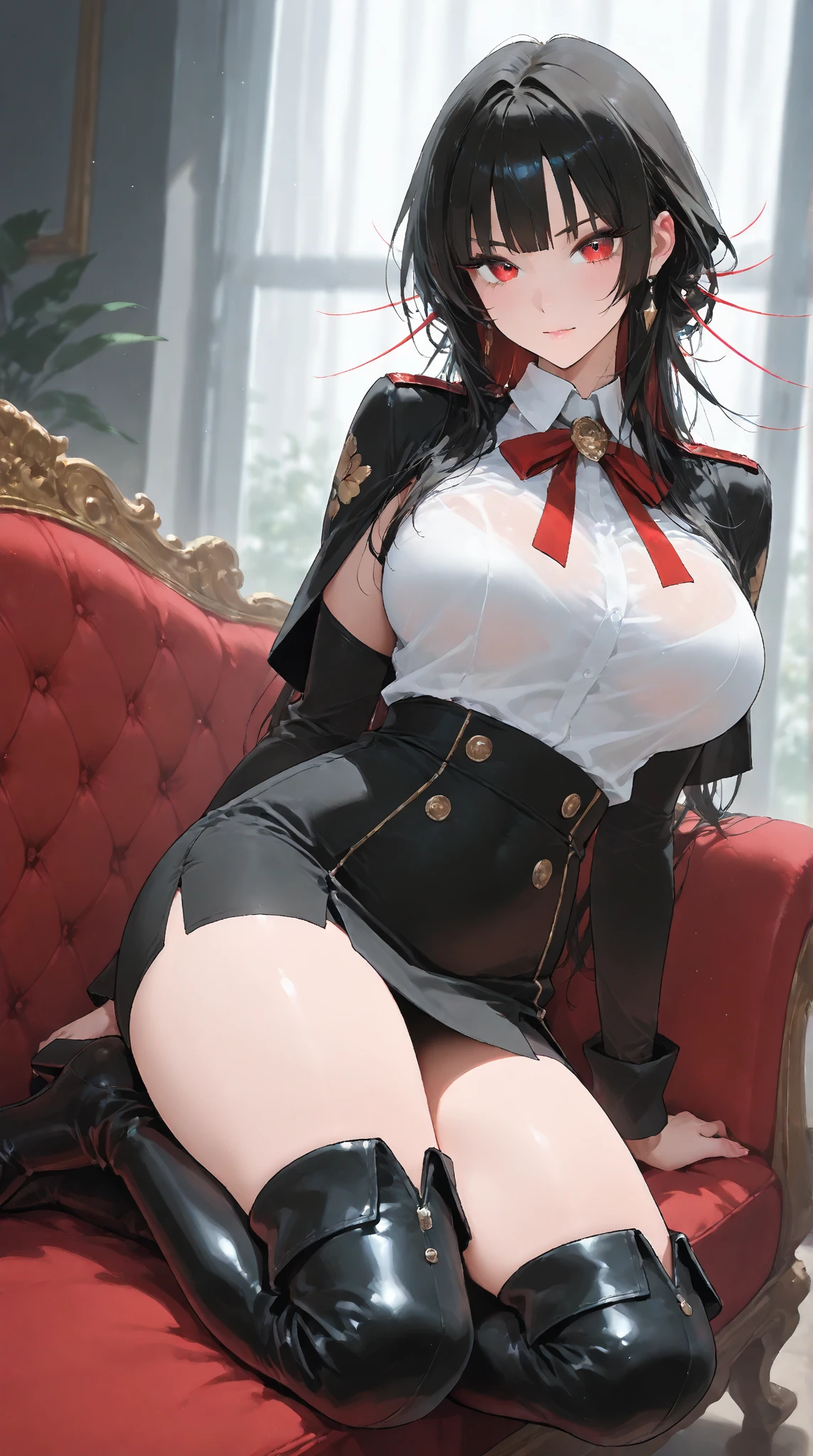 1 girl, masterpiece, (Shinobu Kojo) (best quality: 1.2), (Shinobu Koshu), colorful hair, purple eyes, black jacket, black skirt, uniform, white haori, Japanese costume, multiple butterflies, buttons, belt, lake, sunset, lens halo, perfect lighting, highest quality, hands behind the back, slender thighs, large breasts, longing