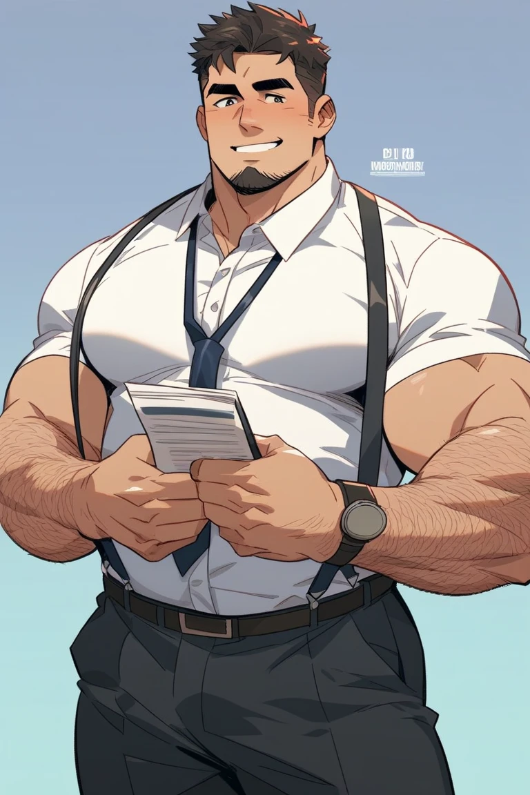 4k, masterpiece, high resolution:1.2, 1 man, solo, bara, muscular, big physique, crew cut hair, facial hair, chest, wide shoulder, biceps, thighs, triceps, butt, black hair, cute smile, friendly, standing in an office, wearing formal trousers, wearing formal stripes pattern office shirt, wearing glasses, upstairs office in the background, ultra detailed, shredded muscle, flat style (((wearing harness))) (((view from the bottom , thick huge ass)))