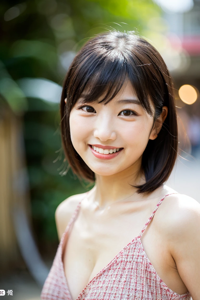 Close up of woman posing for photo, Japanese Models, Beautiful Asian Girl, 18-year-old female model, 4K、bangss、A dark-haired、bobhair、Middle hair、Straight hair、(cosplay), (Super cute face in idol style:1.2)、slim and beautiful figure、beutiful breast、A smile、a park