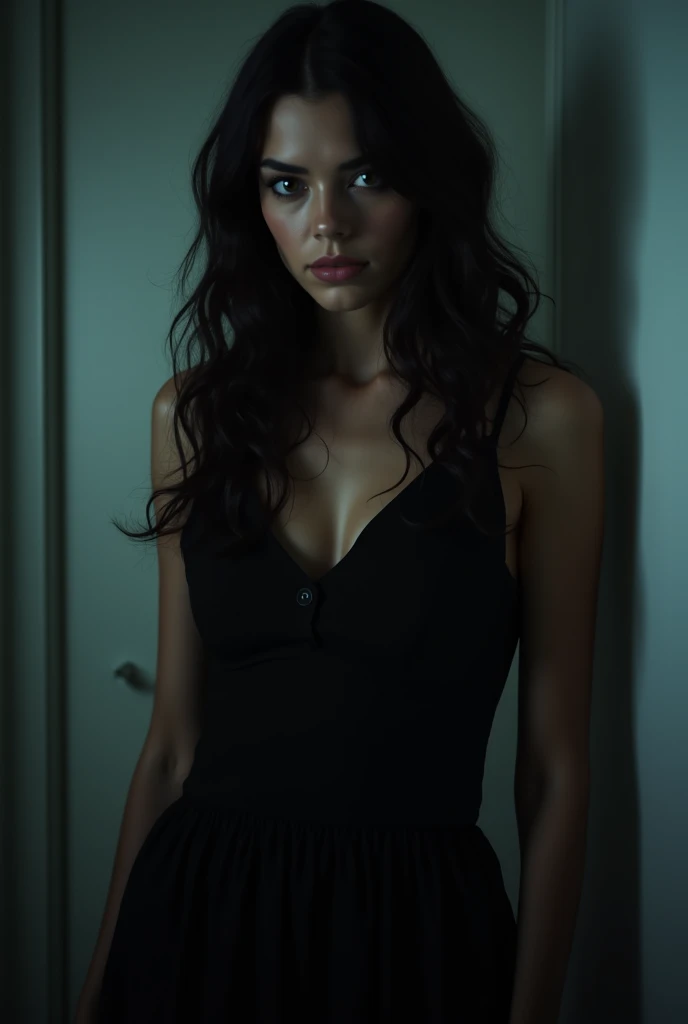 (masterpiece, best quality:1.3), (remote camera view) hyperrealism, sharp images, photorealistic, (Full body portrait), (highly detailed face:1.4), (highly detailed skin:1.4), (20 years old woman), she has very black wavy hair, she has breast size 1.3, detailed hd beautiful dark green eyes, lips marked with red lipstick, flirtatious look, big light green eyes, bold black eye shadows, huge eyelashes, (she is completely naked in the frame of an open door, everything is dark and her silhouette can only be seen). (background, it is nighttime, bedroom:1)