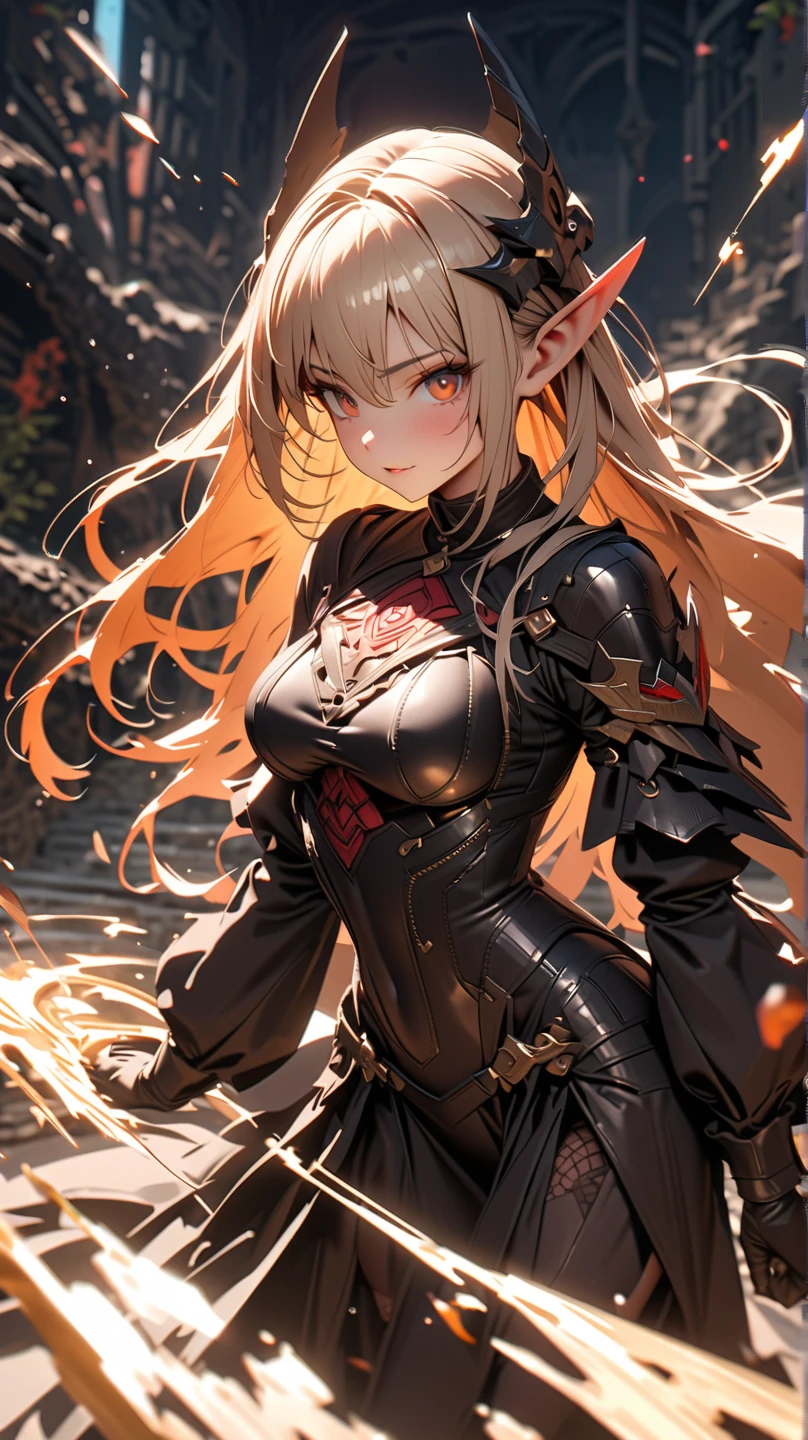 #Basics A girl is posing for a photo, animeのかわいい女の子, (((One Girl, Baby Face, 16 years old))),
BREAK
#Clothing Accessories
(((red on black)Armor with a flame motif:1.4) : Chainmail under armor + Breastplate decorated with red gemstones + I can see my belly button + Armor to protect long skirts + Gauntlet + Knee-high boots with knee pads + A long red cape with shoulder pads, He holds a sword at his waist., Equipped with a shield),
BREAK
#Features
(Blonde:1.4, Bangs that cover the eyes:1.4, (Very long back hair + Thick, curly hair at the back + Wavy back hair + Back hair fluttering in the wind)),
(Droopy eyes,blue eyes), (Small breasts),
BREAK
#expression
(smug face, Grin),
#background environment
((noon, Meadow in a fantasy world +cumulonimbus + I can see the mountains)), #composition (Turning your body to the viewer:1.4, from below:1.4, Cowboy Shot:1.4),
BREAK
#Body parts elements
(Beautiful Hair,Shiny Hair),
(double eyelid, Long eyelashes),
(Expression of fine eyes, Beautiful and delicate eyes, Sparkling eyes, Eye Reflexes),
(Human Ear),
(Beautiful Nose, Thin Nose),
(Glossy lips, Beautiful Lips, Thick lips), (Symmetrical facial features),
(Detailed skin, Textured skin, Beautiful Skin),
BREAK
#Quality
(((highest quality)), ((masterpiece)), ((Very detailed))), ((High resolution), (16k,1080p)),
(Realistic), (Anatomically correct),
((comics, anime)), (3DCG), CG illustration,