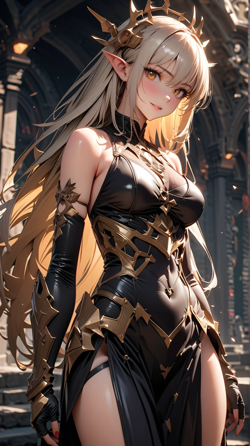 Carmilla, (knight armor:1.2), cloak, fluttering hair, long wavy hair, blush, gentle smile, tall stature, (flat chest:1.8), (thick thighs:1.4), huge hip, abdominal muscle, upper body from below, hands on hip, divine castle