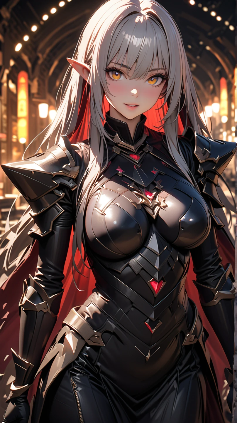 ((Ultra-delicate)), (Be focused), (high resolution), Deformed depth of field blurred background, (Detailed background), Perfect layer cut, (full-body shot/Cowboy shooting), wallpaper, One, Lovely beauty, alone, Silver hair with gradient stripes and blue tail, Light blue eyes, thin eyebrows, long upper eyelashes, Double eyelids, Upper Eye, delicate eyes, Sexy lips, lip details, Detailed face, Shimmer, complicated, Female General, Oversized Combat Knife, dark, (Super gorgeous black heavy armor), Red ornament, (Ultra-delicate armor), Combat boots, Extremely high polishing technology, Extremely detailed armor patterns, Castle Street, wind, CG unity, Artistic, 8k