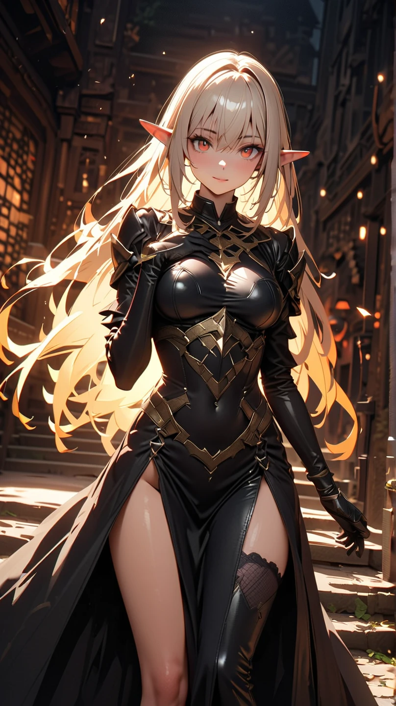 An adult woman with long blonde hair and red eyes. She would have dragon features: wings and sharp pupils like a dragon. 
She would also wear dark souls-style body armor.

Artwork based on dark souls, gothic style.
