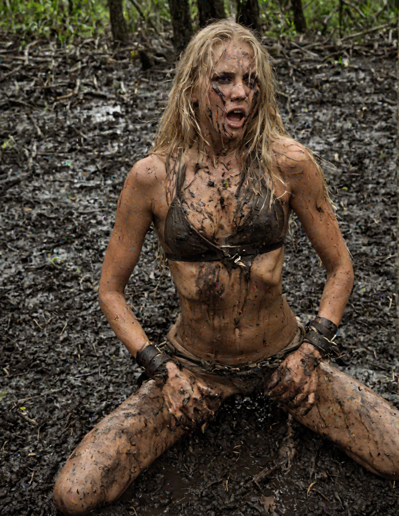 photorealistic woman,  age 16, european, wet long blond hair, busty,barfeet,scared face, wet and dirty muddy skin, metal wrist restrains, metal collar with metal chain,stay on a  wet forest path, heavy rain, raw photo, cinematic material, high detailed, wideview, high quality 