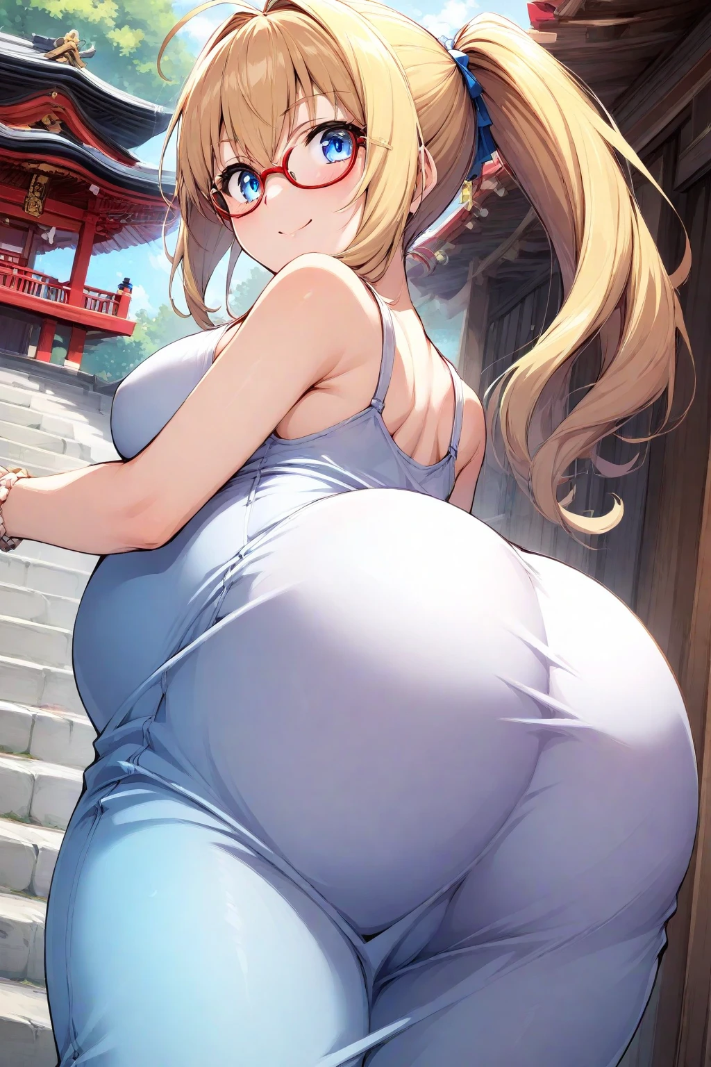 (masterpiece, best quality:1.2), 1girl, solo,mature_lady, delicate face,detail eyes,floating hair,medium breasts, (Tight Combat Suit:1.2),,tsunade_(naruto),Wallpaper Fusion, dappled sunlight, day light rays, nature, outdoors, path, plant, purple flower, scenery, stairs, sunlight, torii, tree, lipstick, jewelry, female, extremely obese, angry, (obese belly):1.8, (obese legs):1.5, fat rolls, massive SSBBW body, massive soft hyperbelly, soft massive obese belly, cute chubby feminine face, sensual pose, soft obese arms, mesmerizing eyes, gorgeous supermodel face, long hair small navel, frown, looking at viewer, beautiful day, jewelry, blue eyes, earrings, blonde hair full body portrait, parted lips, perfect blue sky with several clouds,