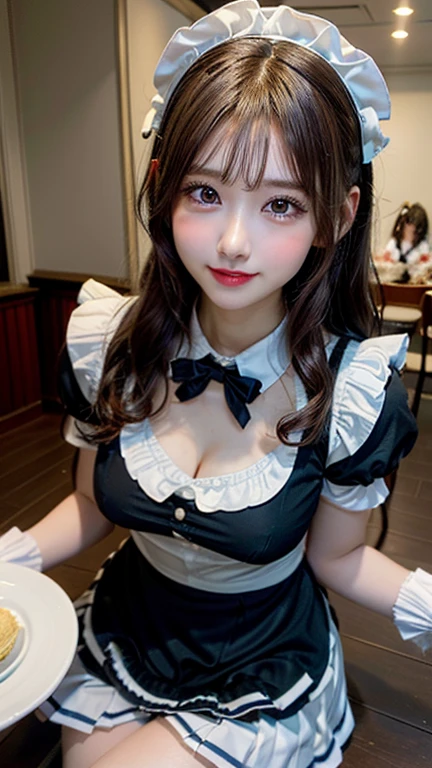 in 8K,Best Quality:1.4, 超A high resolution:1.5, (Photorealistic:1.4),masterpiece:1.2,(top-quality:1.4)、 Raw photo、 (the background is blurred), 1日本人の女の子, Cute, (Solo:1.4), (Shy smile), Smooth skin、 (Brown medium hair,Bangs),nogizaka,Supple fingertips,Beautiful black eyes、dual、natural skin textures:1.3, realistic eyes and face details:1.7、middlebreasts、during daytime、Toned buttocks:1.5、gazing at viewer,Photographers5Step back, Cheerful,(maid:1.2),Bow,Long sleeves, Black sleeves,(Long tights with black plaid:1.5),Maid headdress,maid apronl,cafeteria,Upper body:1.8,(detailed hairs:1.1), (Detailed eyes:1.1)