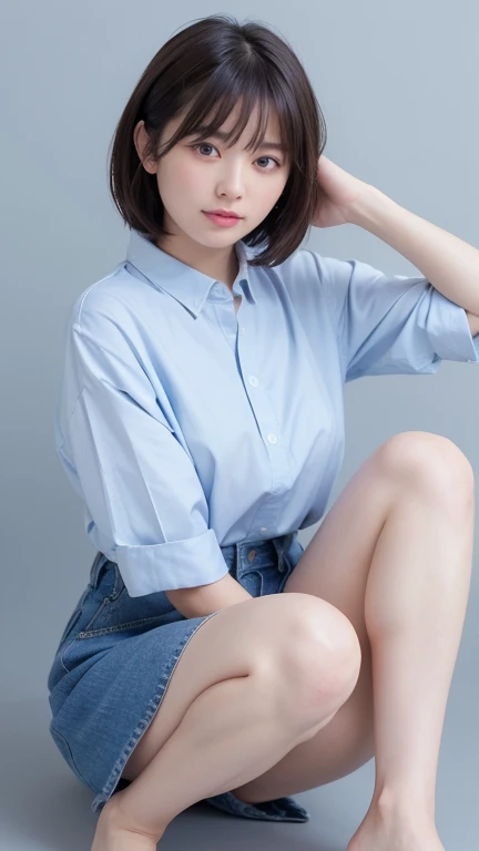 Portrait from head to knee、alone、13-year-old girl、Very slim:1.4、White skin、Black Hair、Bobcut、((School-designated gym clothes)), ((White gym clothes on the upper body、Long hem))、((S size navy blue tight bloomers))、(((Tuck the bottom of your gym clothes into your bloomers)))、((The upper body is wearing gym clothes))、Looking into the camera、((walk))、(((School corridor)))