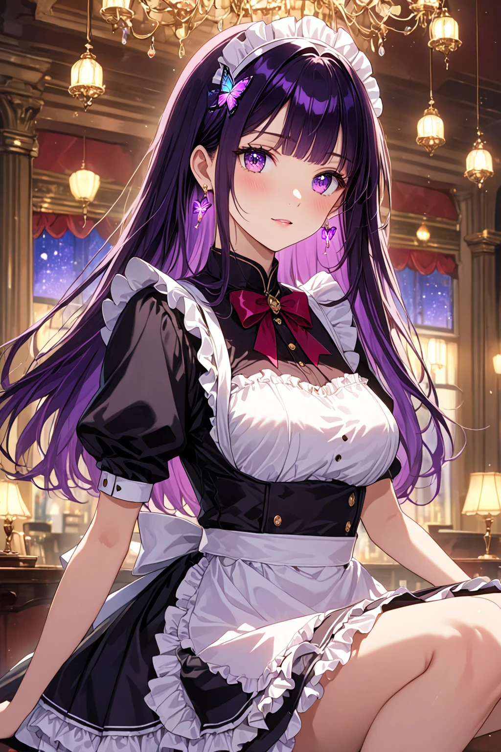 1girl, purple hair, purple eyes, light smile, wearing maid costume, full skirt, close portrait, sitting, close, high res, ultrasharp, 8K, masterpiece, looking at viewer