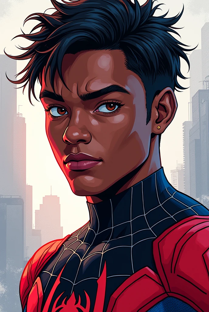 young 25 years old Miles Morales , standing alone, black boy, might, pretentious smile,, gazing at viewer, black afro hair, greeneyes, Miles Morales Spider-Man Costume , pampas scenery Rio Grande do Sul, blue sky, sitting position playing video games
