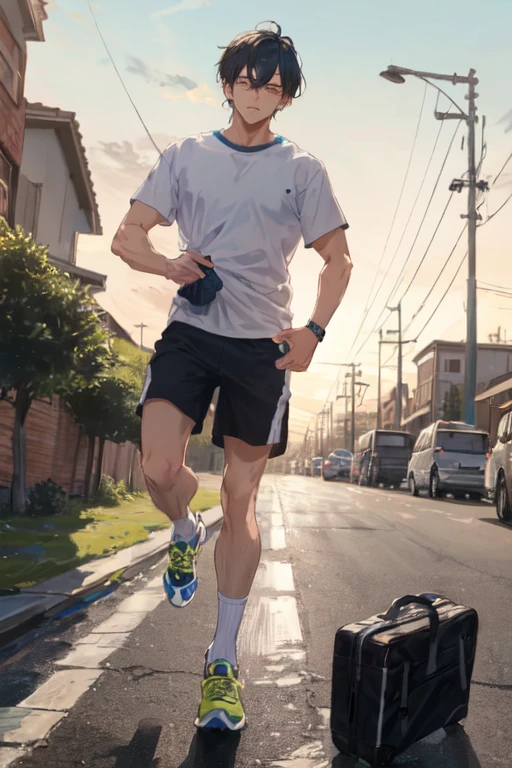 Handsome guys running on the track，Abs, chest muscle，Strong thighs，White sneakers