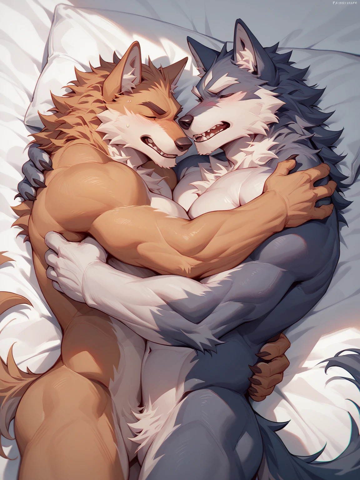(Big muscle furry white wolf man) ,kiss ,(furry black wolf),on bed, moon light form window , romance